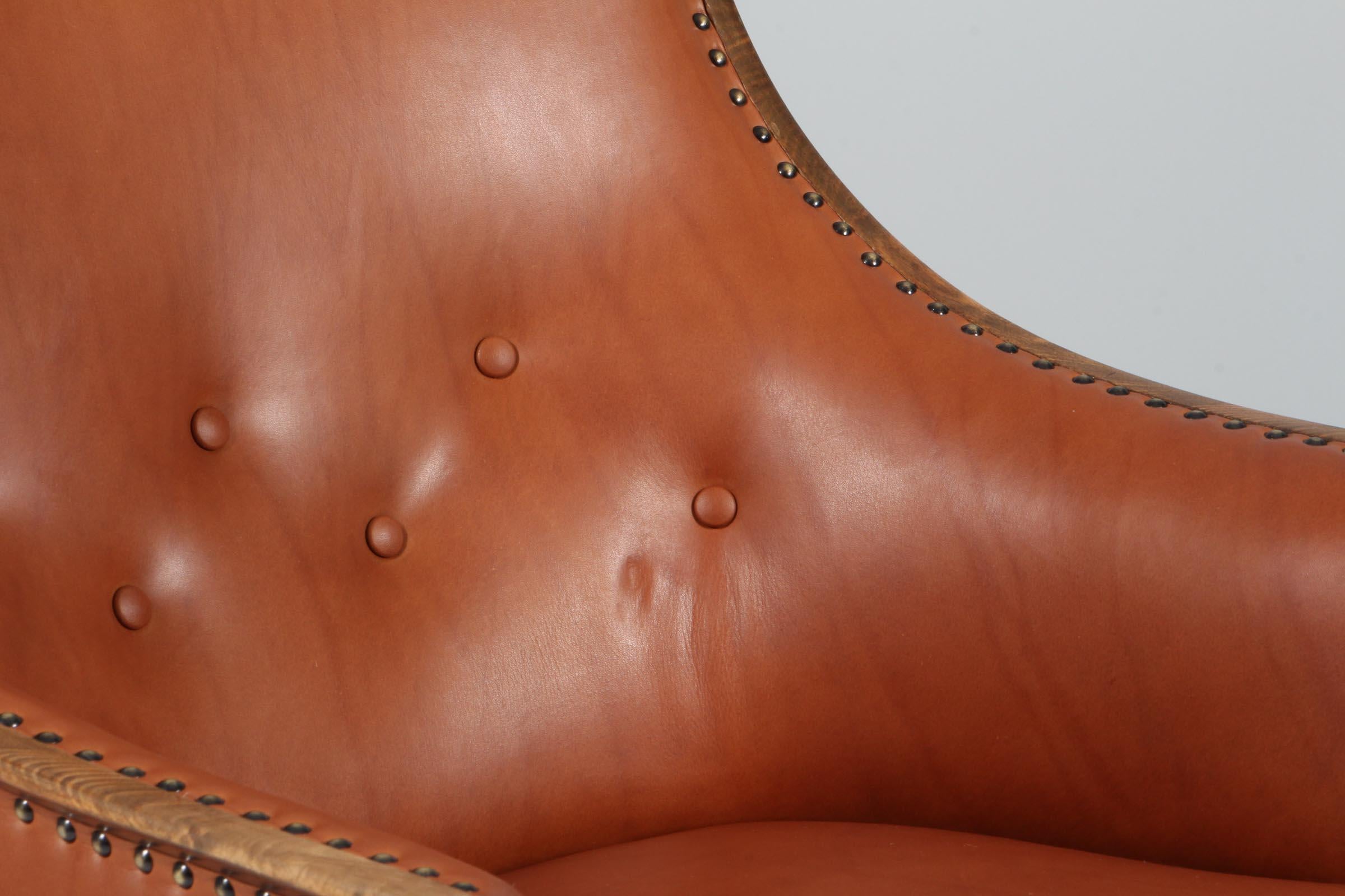 Danish Frits Henningsen, Lounge Chair with Brandy Aniline Leather