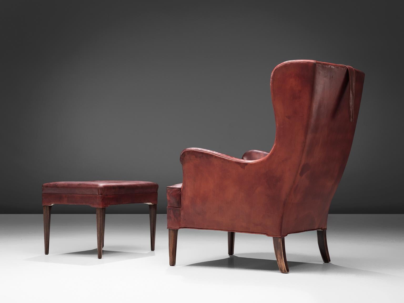 Frits Heningsen Lounge Chair with Ottoman in Original Burgundy Leather 1