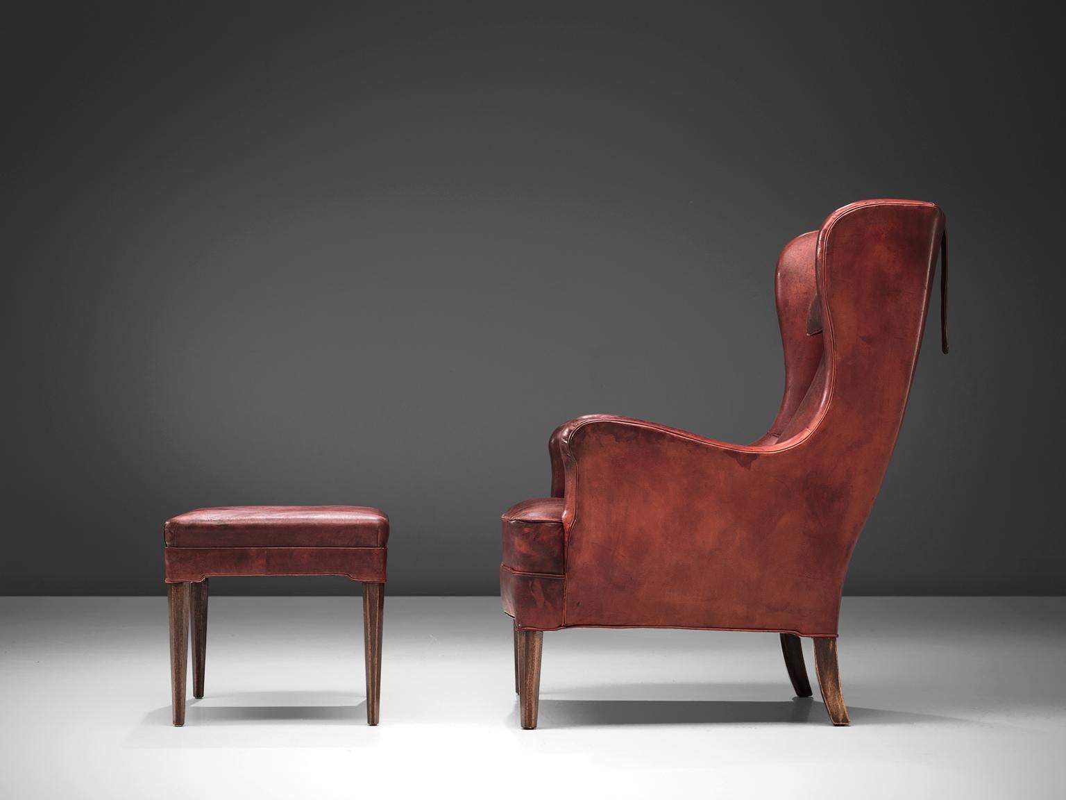 Scandinavian Modern Frits Heningsen Lounge Chair with Ottoman in Original Burgundy Leather