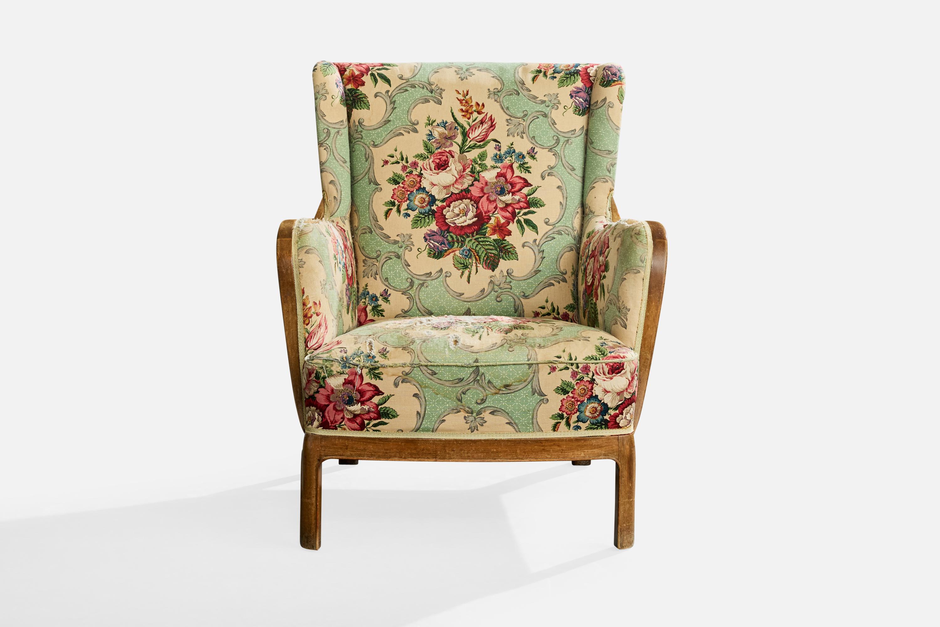 Frits Henningsen, Loungesessel, Holz, Stoff, Dänemark, 1940er Jahre (Skandinavische Moderne) im Angebot