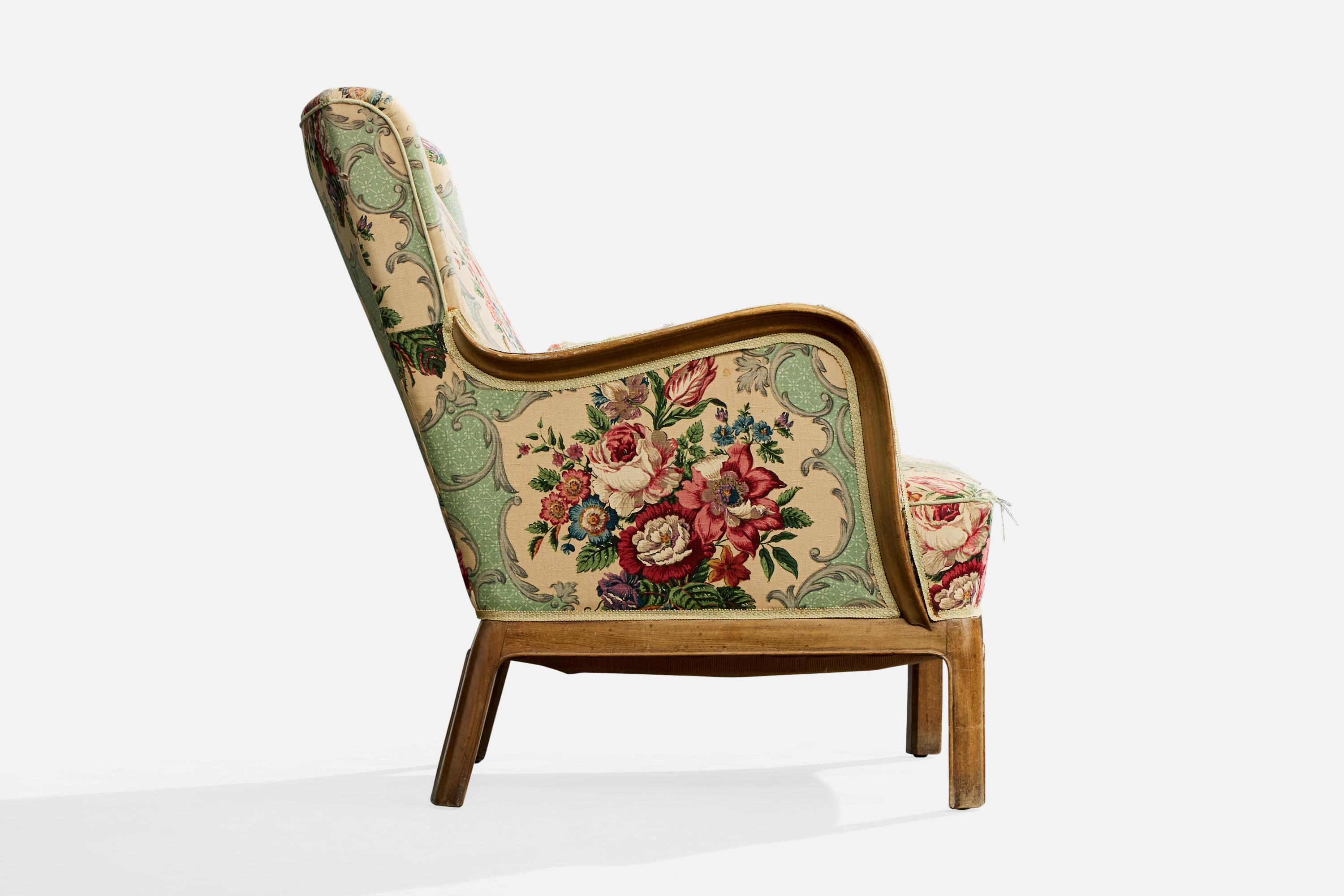 Frits Henningsen, Loungesessel, Holz, Stoff, Dänemark, 1940er Jahre (Mitte des 20. Jahrhunderts) im Angebot