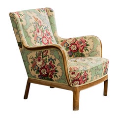 Frits Henningsen, Loungesessel, Holz, Stoff, Dänemark, 1940er Jahre