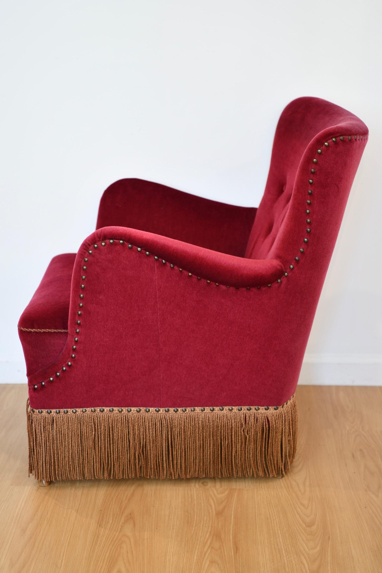 Frits Henningsen Maroon Velvet Lounge Chair 4