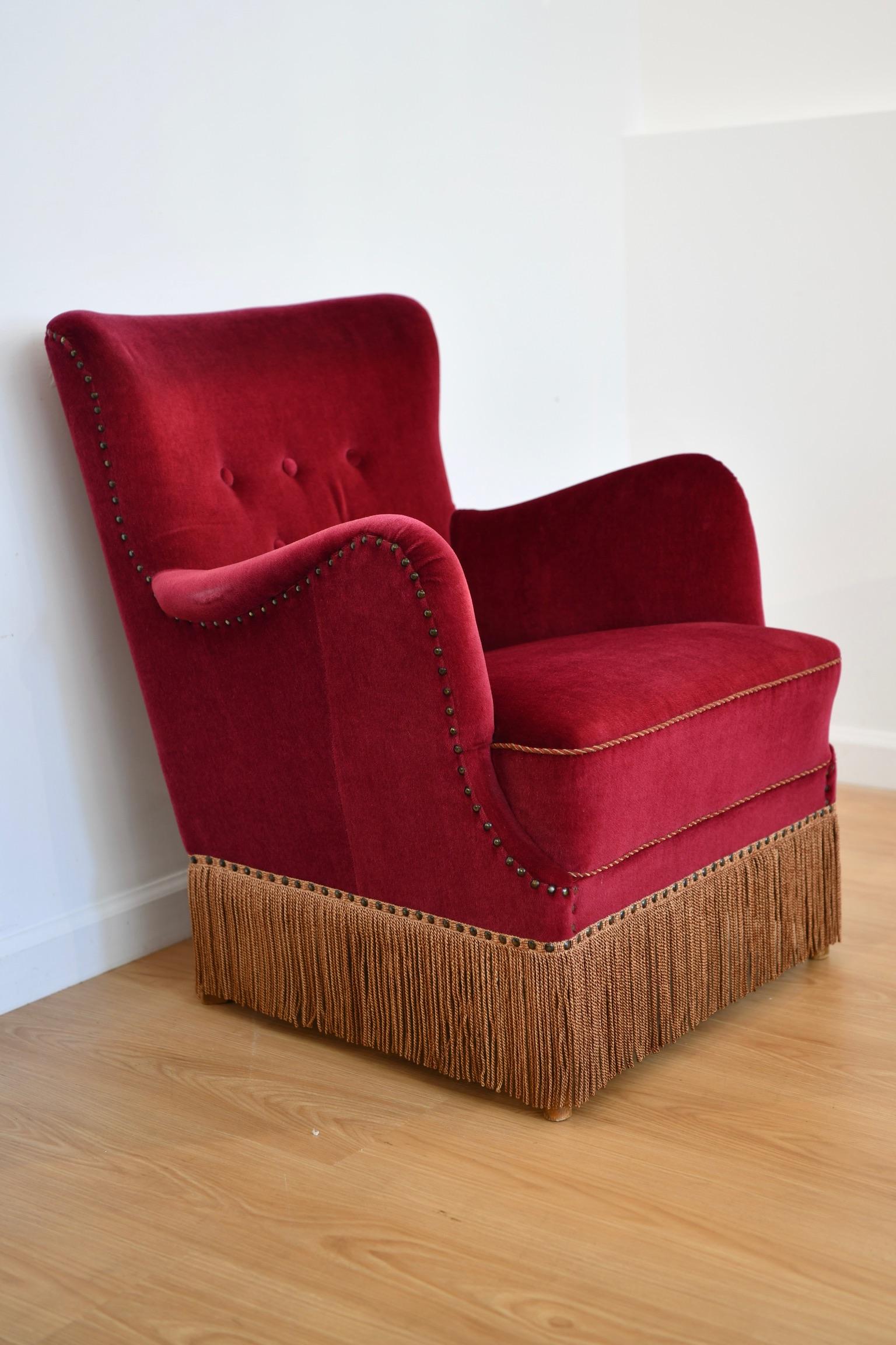 Mid-Century Modern Frits Henningsen Maroon Velvet Lounge Chair