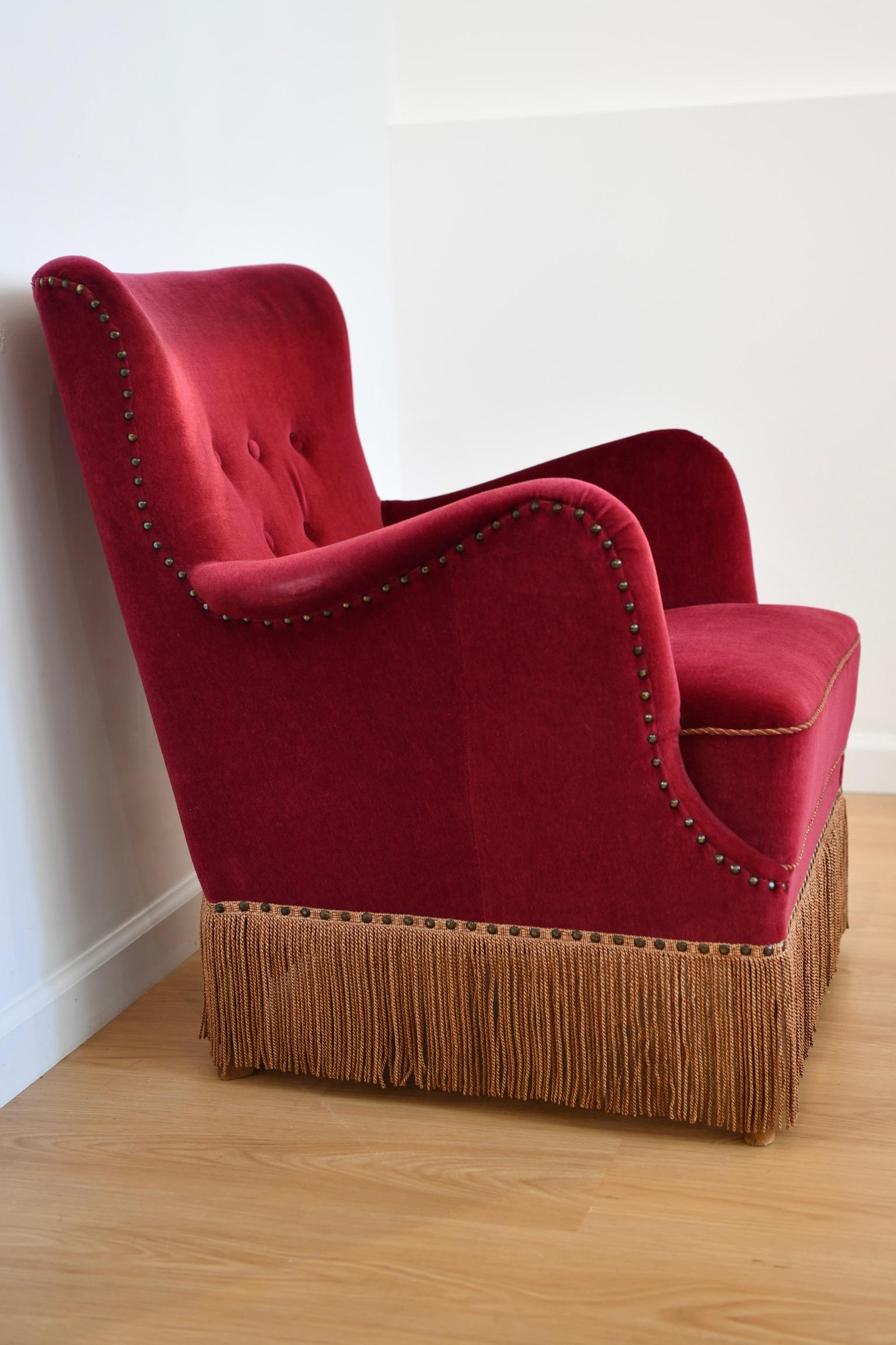 Danish Frits Henningsen Maroon Velvet Lounge Chair
