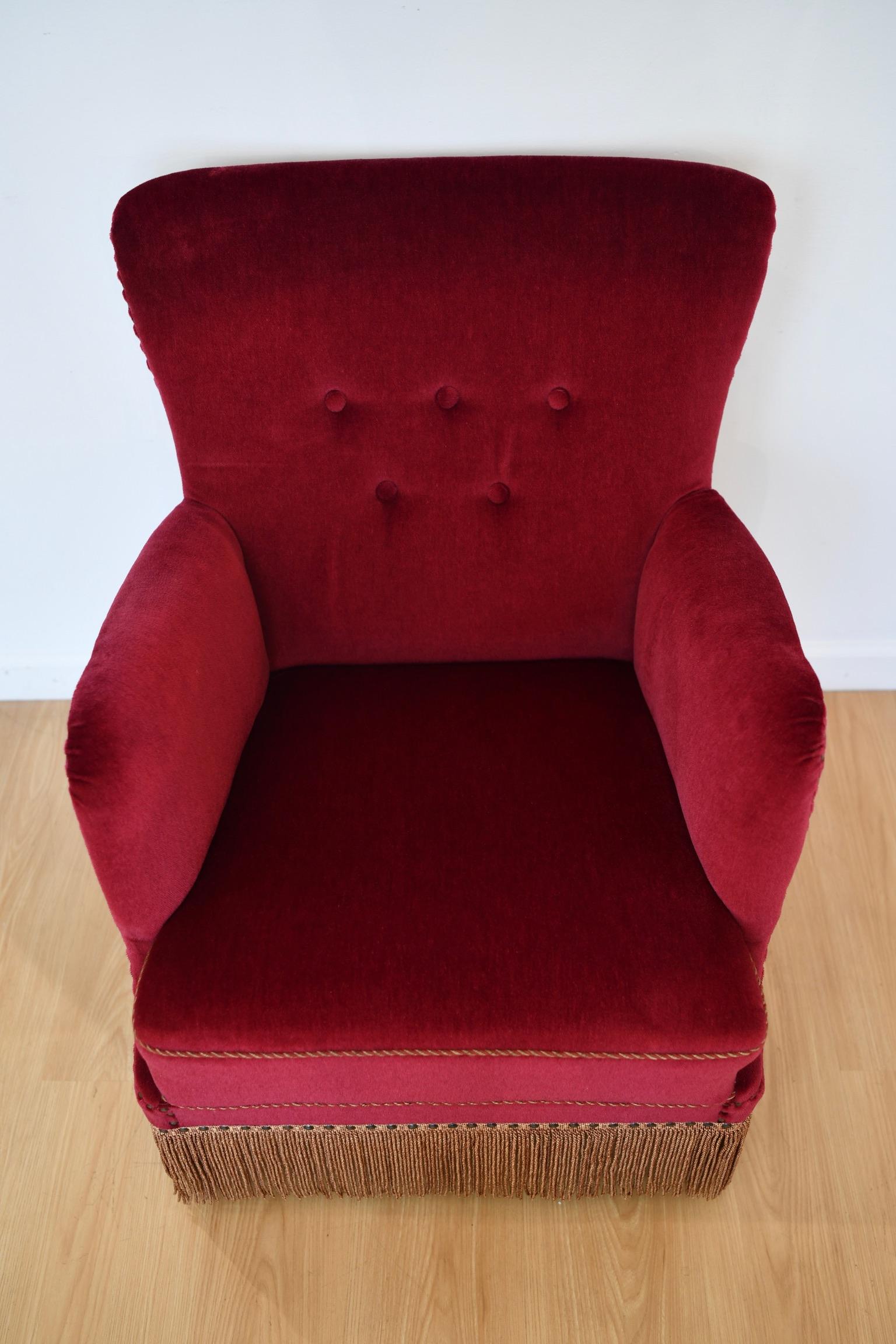 Mid-20th Century Frits Henningsen Maroon Velvet Lounge Chair
