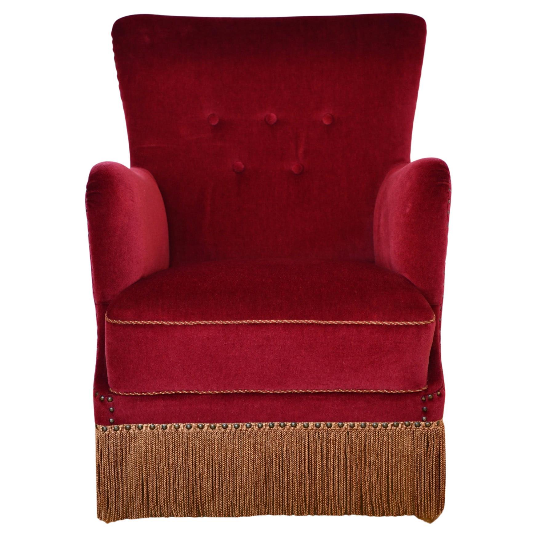 Frits Henningsen Maroon Velvet Lounge Chair