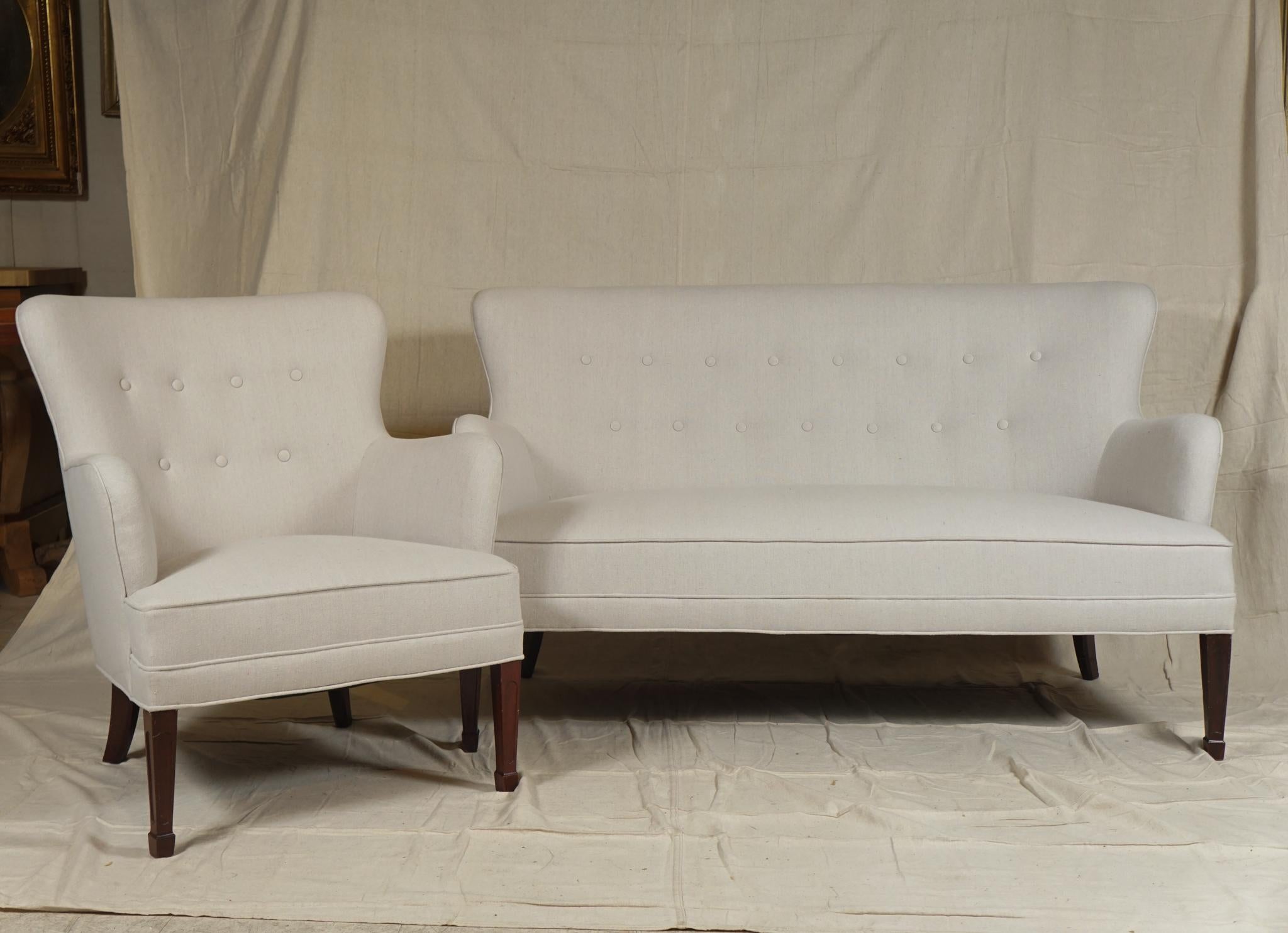 Scandinavian Modern Frits Henningsen Pair of Armchairs and Settee