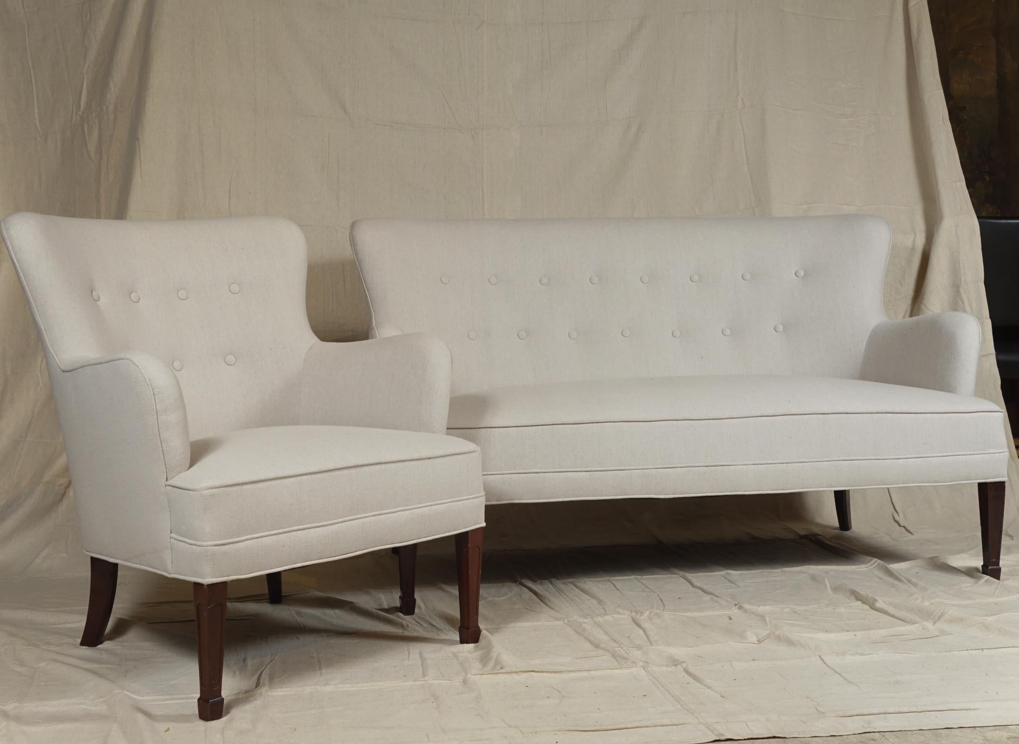 Danish Frits Henningsen Pair of Armchairs and Settee