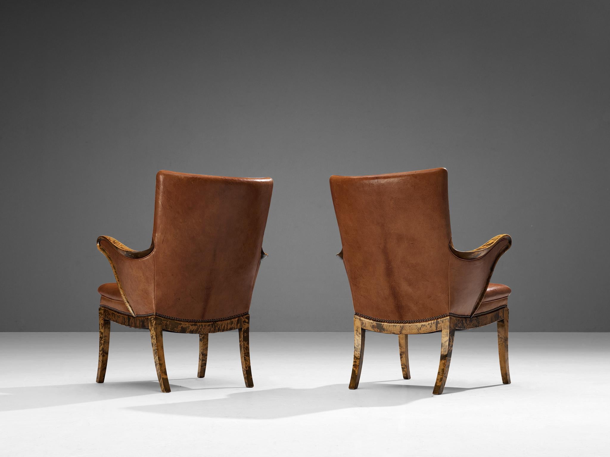 Scandinavian Modern Frits Henningsen Pair of Armchairs in Birch and Niger Leather