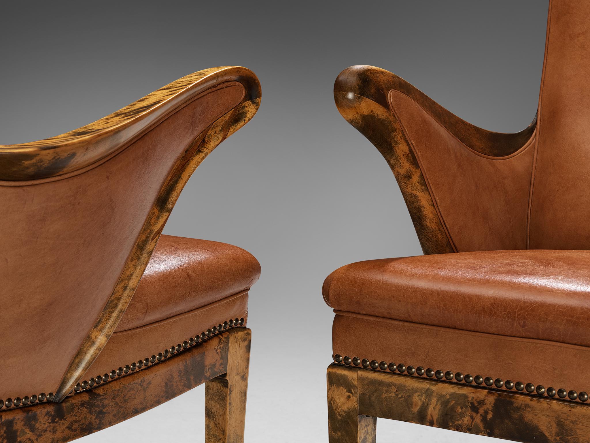 Danish Frits Henningsen Pair of Armchairs in Birch and Niger Leather