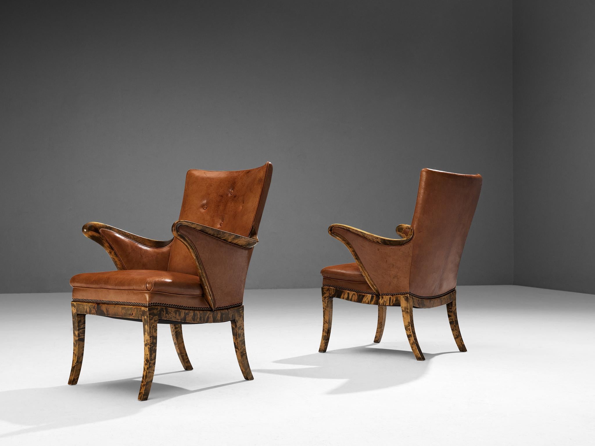 Mid-20th Century Frits Henningsen Pair of Armchairs in Birch and Niger Leather