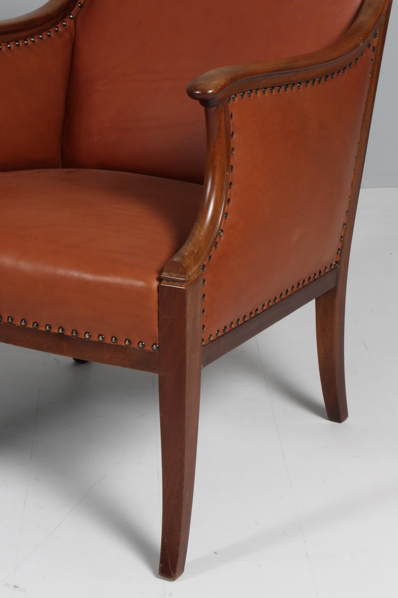 Danish Frits Henningsen, Pair of Lounge Chairs with Brandy Aniline Leather For Sale