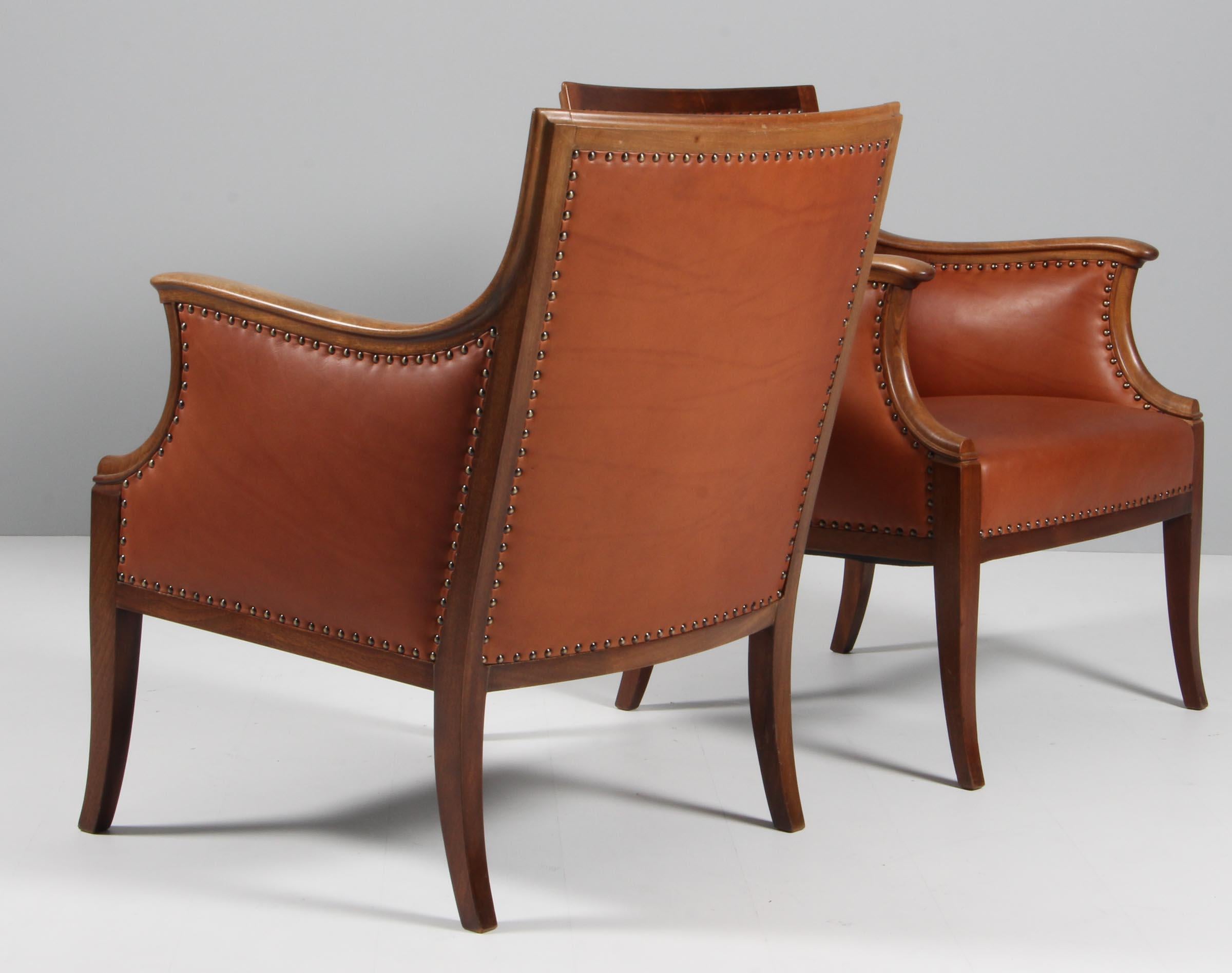 Frits Henningsen, Pair of Lounge Chairs with Brandy Aniline Leather 2