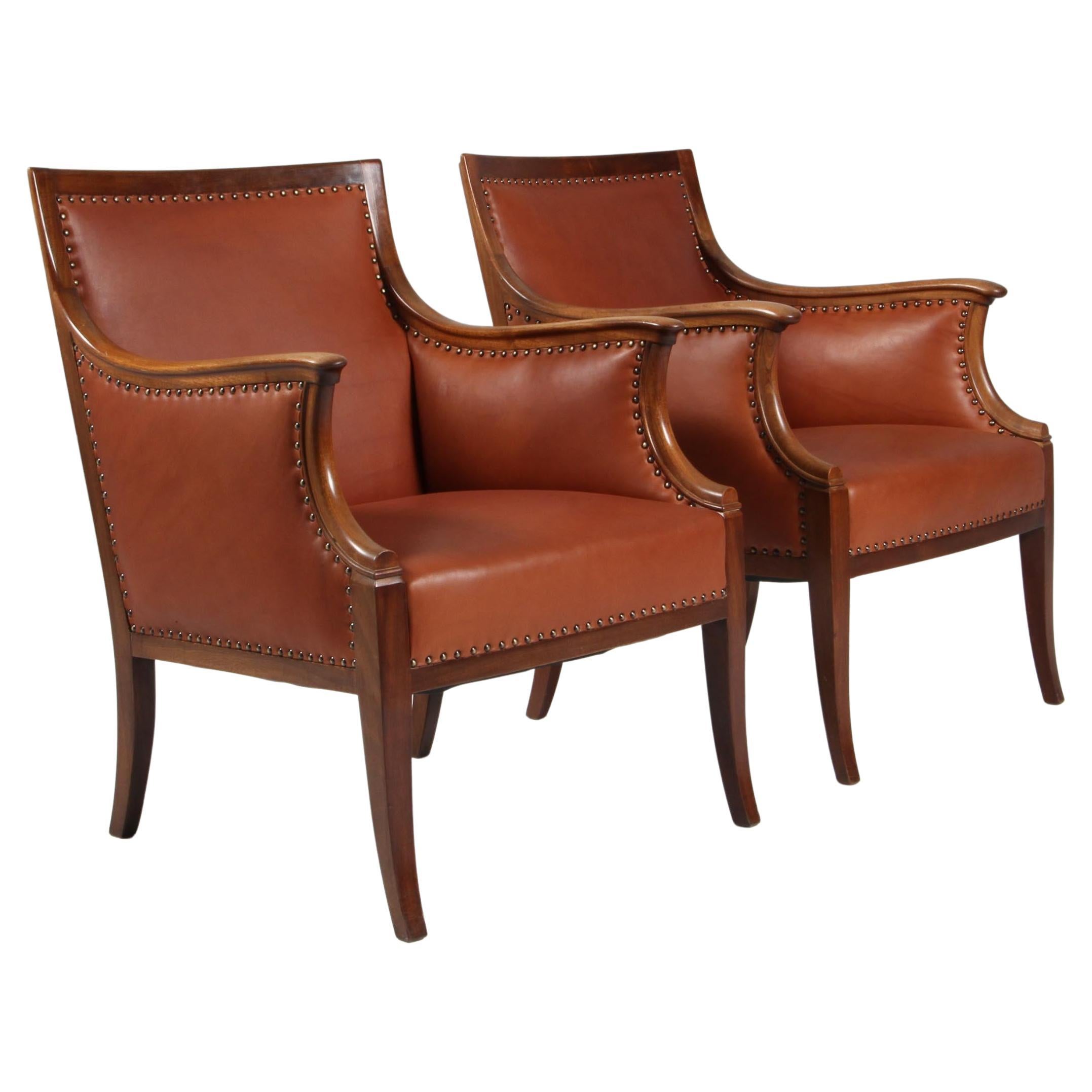 Frits Henningsen, Pair of Lounge Chairs with Brandy Aniline Leather