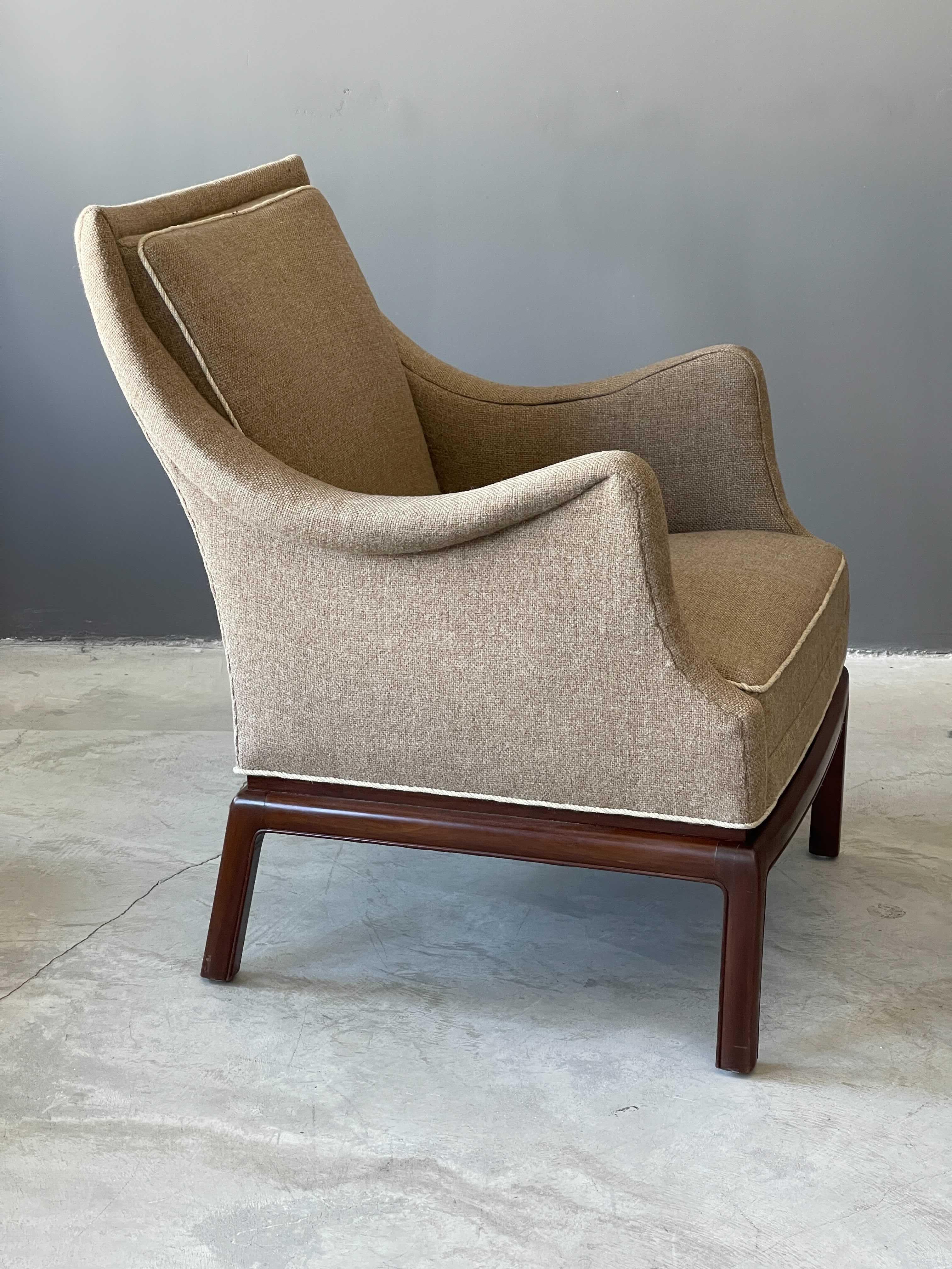 Scandinavian Modern Frits Henningsen, Rare Lounge Chairs, Mahogany, Grey Beige Fabric, Denmark 1940s