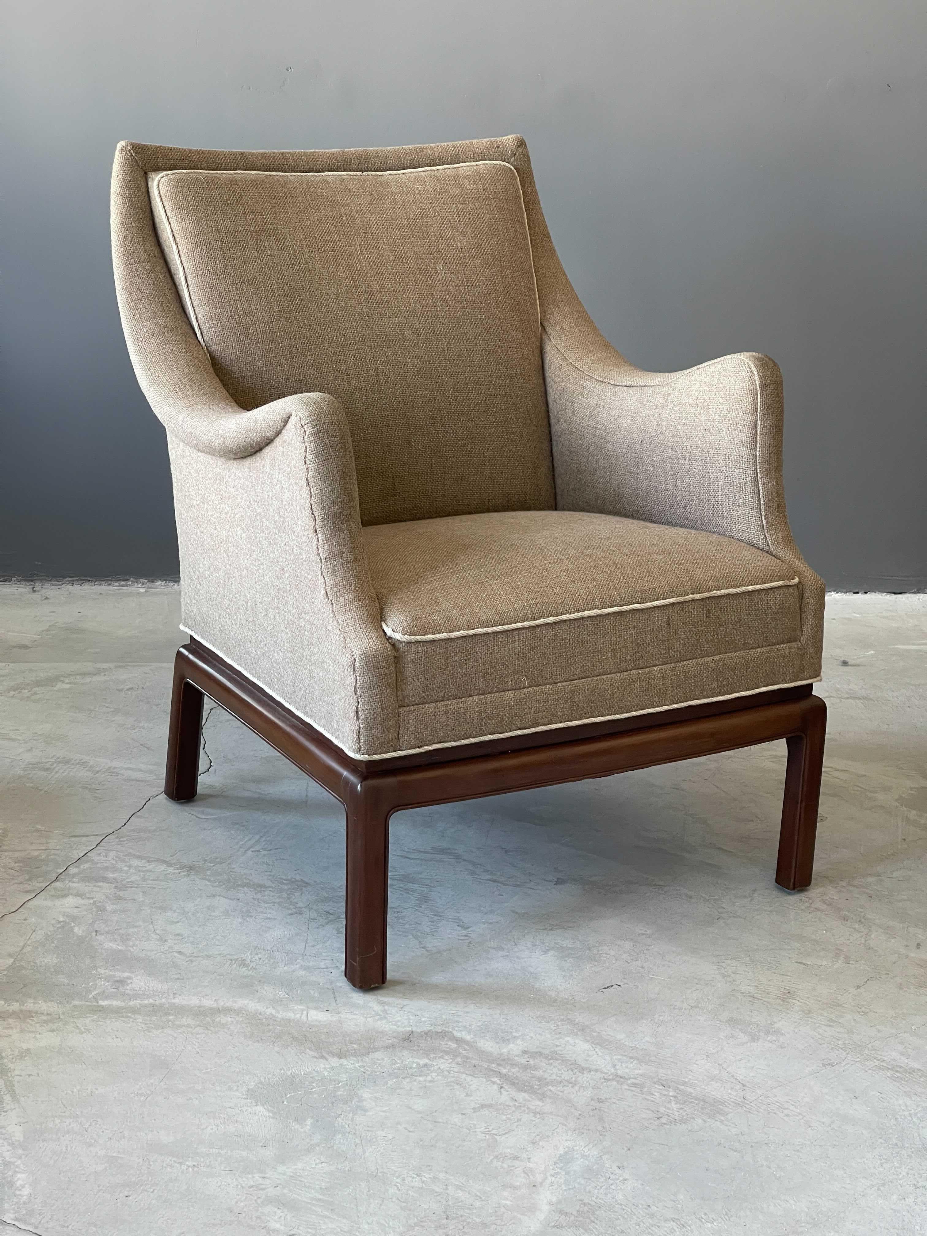 Frits Henningsen, Rare Lounge Chairs, Mahogany, Grey Beige Fabric, Denmark 1940s In Good Condition In High Point, NC