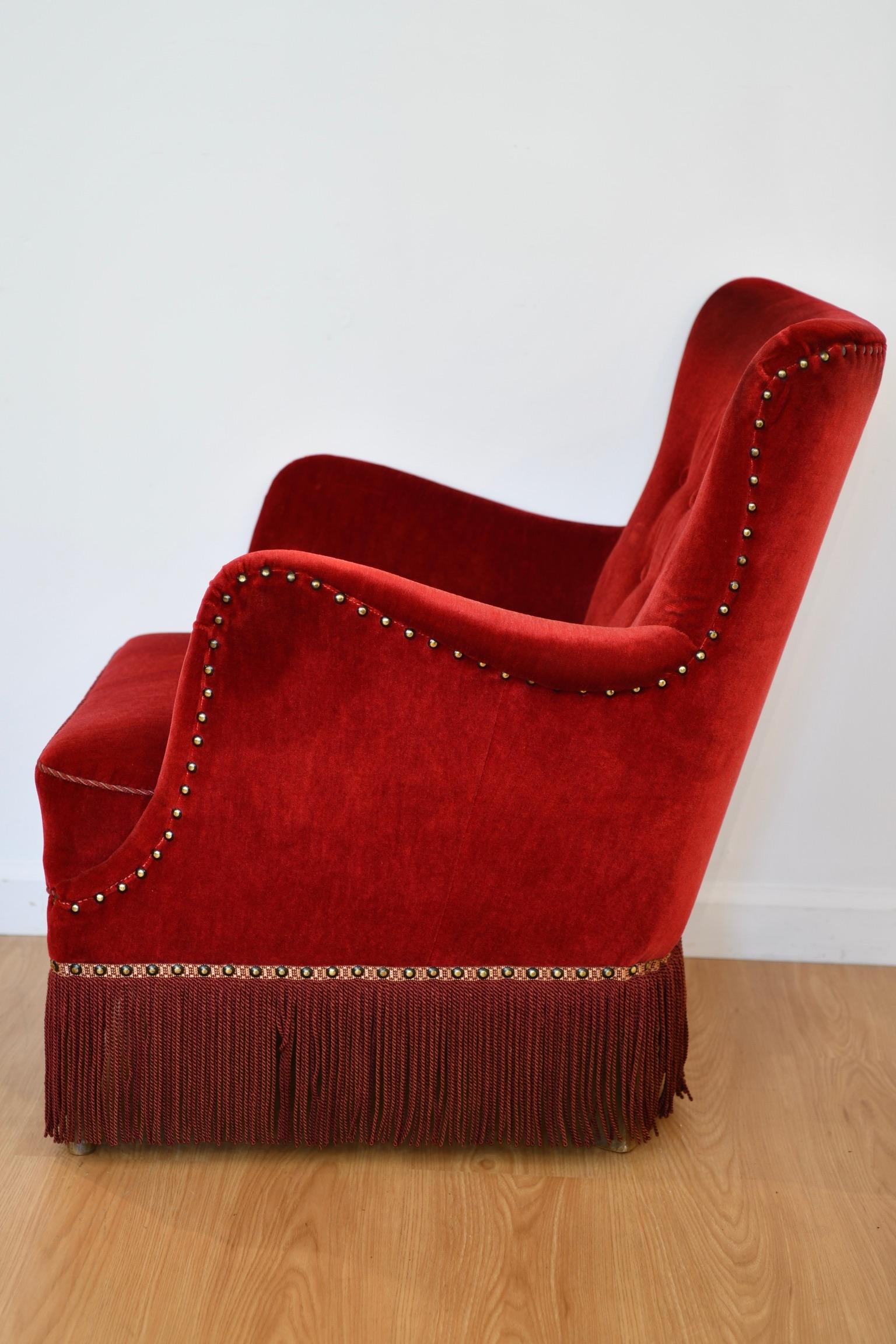 Frits Henningsen Red Velvet Lounge Chair 4