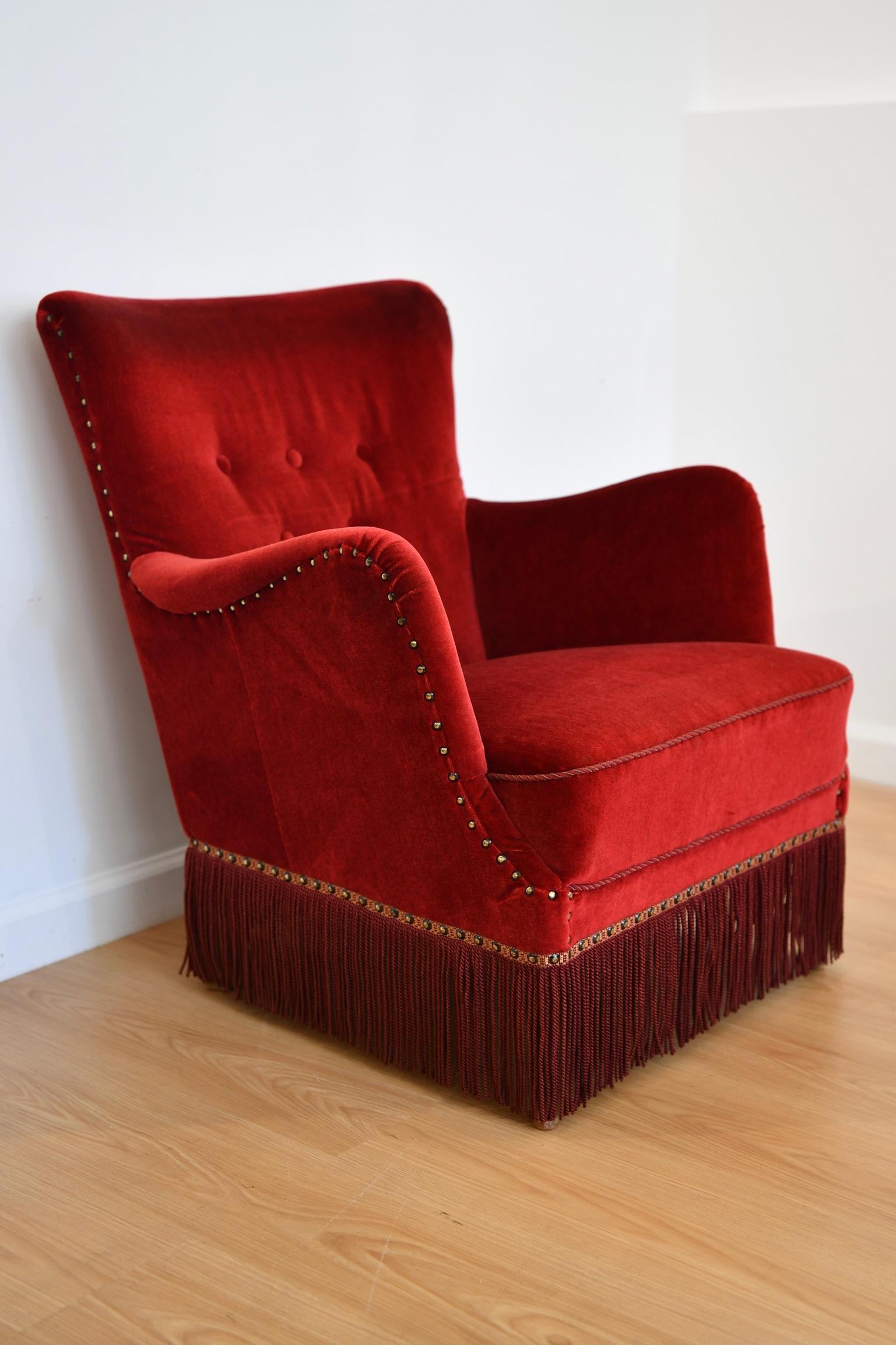 Mid-Century Modern Frits Henningsen Red Velvet Lounge Chair