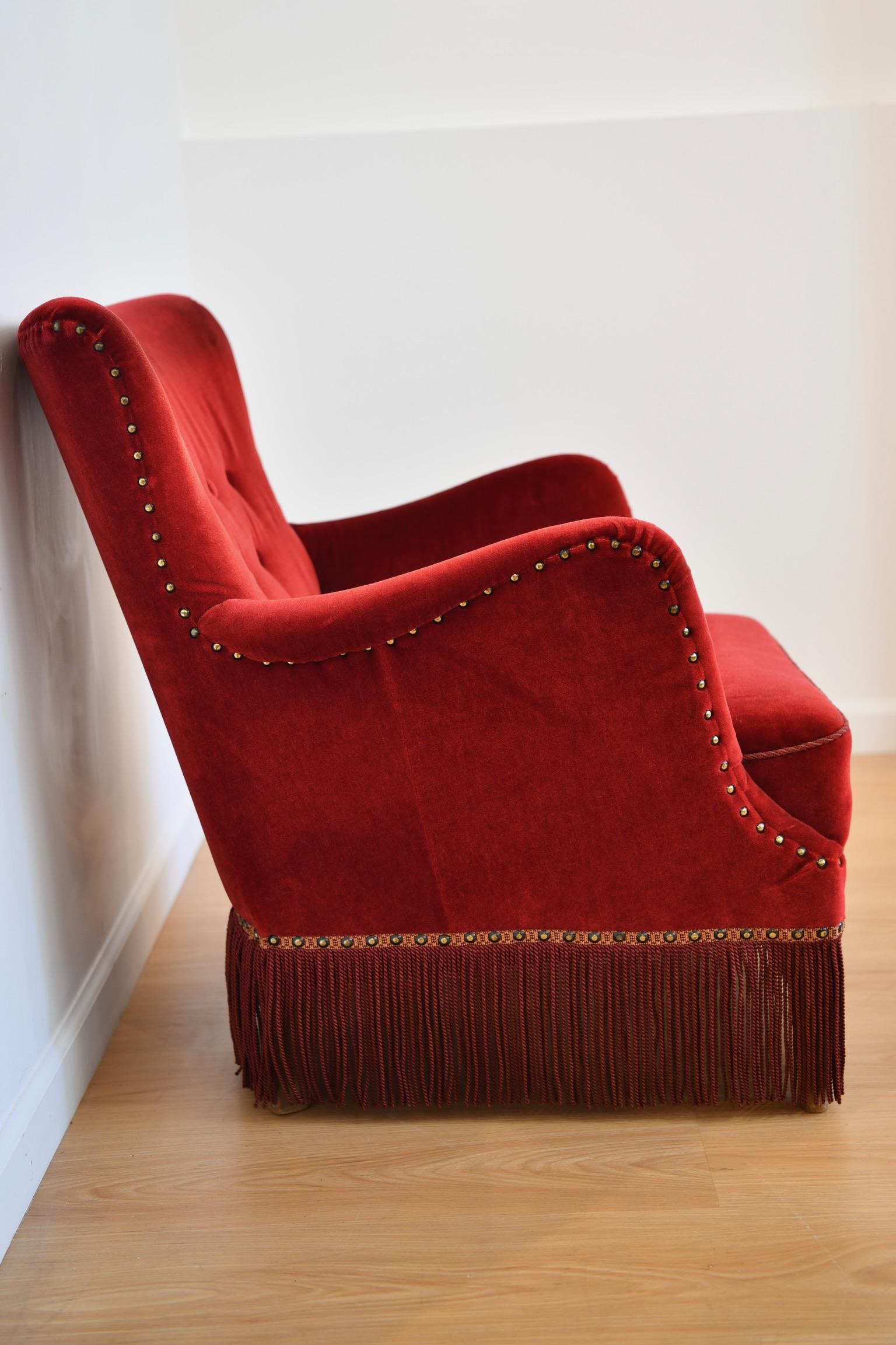 Danish Frits Henningsen Red Velvet Lounge Chair
