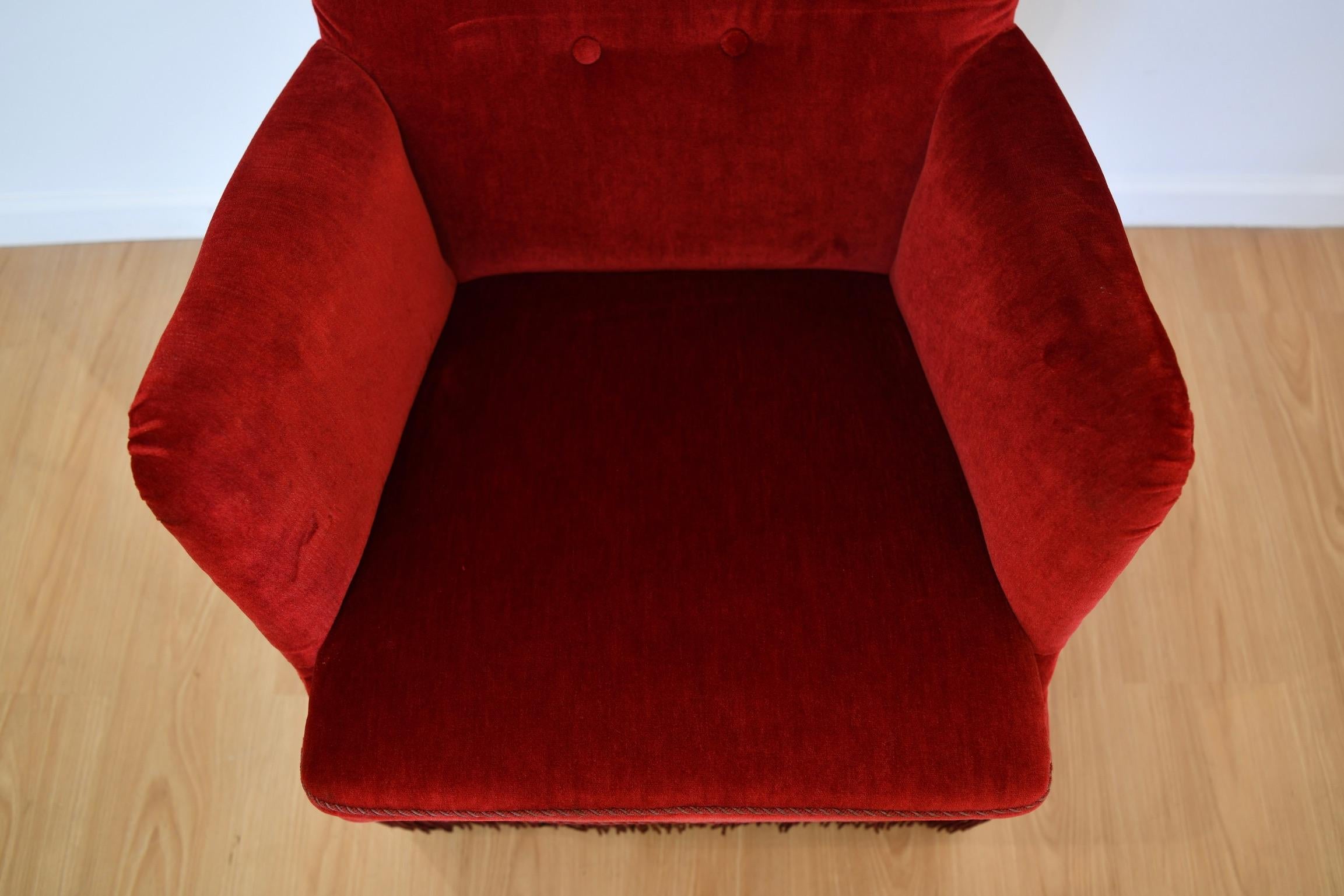 Mid-20th Century Frits Henningsen Red Velvet Lounge Chair