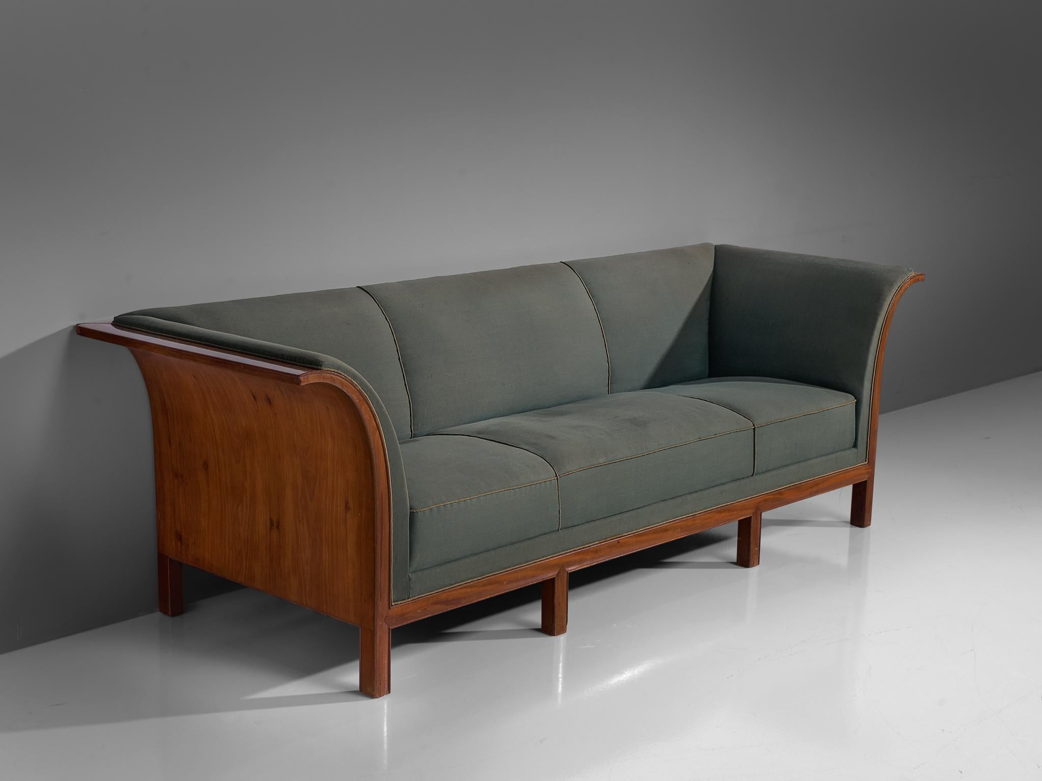 Mid-20th Century Frits Henningsen Sofa in Mahogany and Aqua Green Fabric