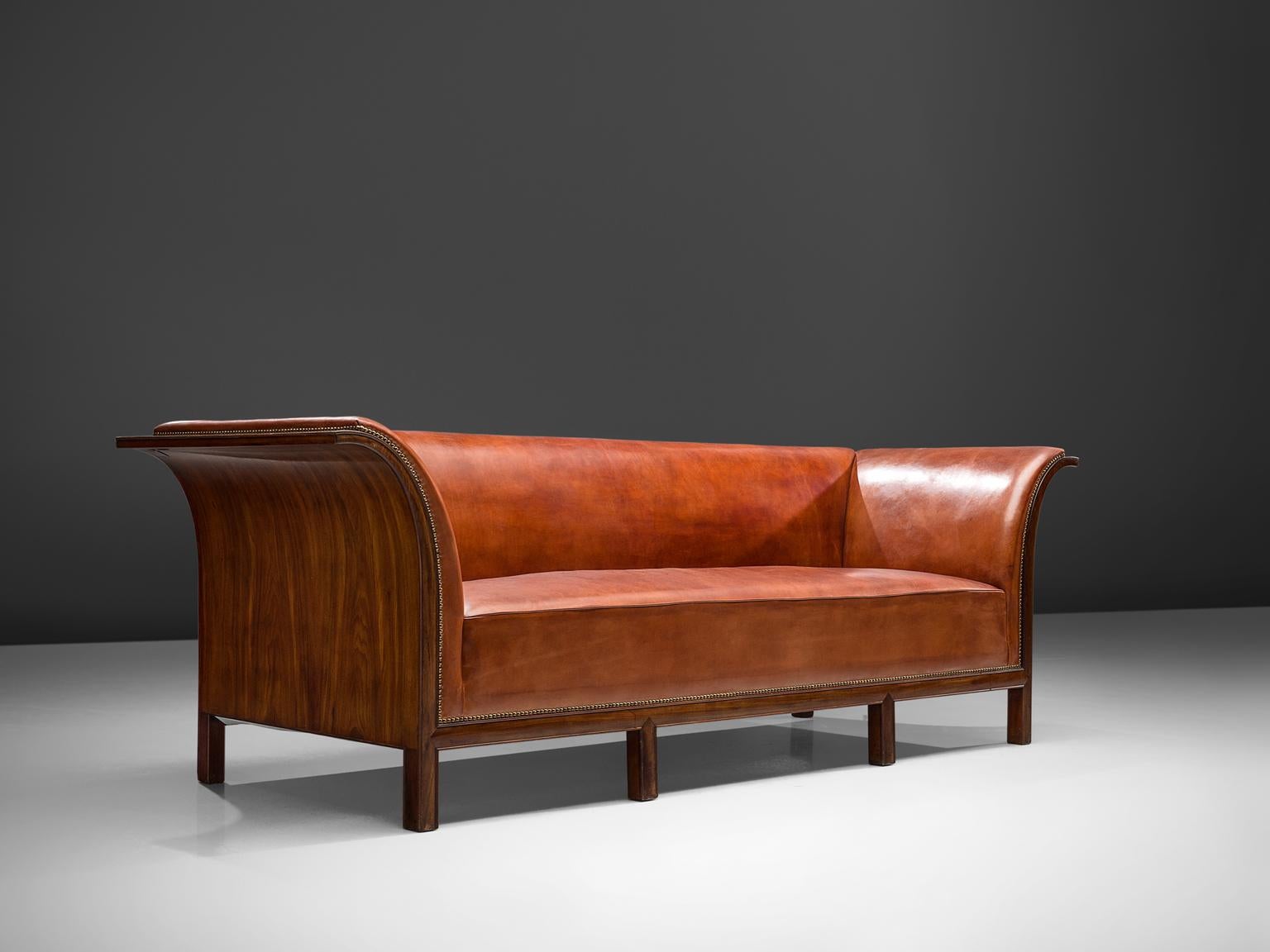 Scandinavian Modern Frits Henningsen Sofa in Mahogany and Cognac Leather, circa 1930