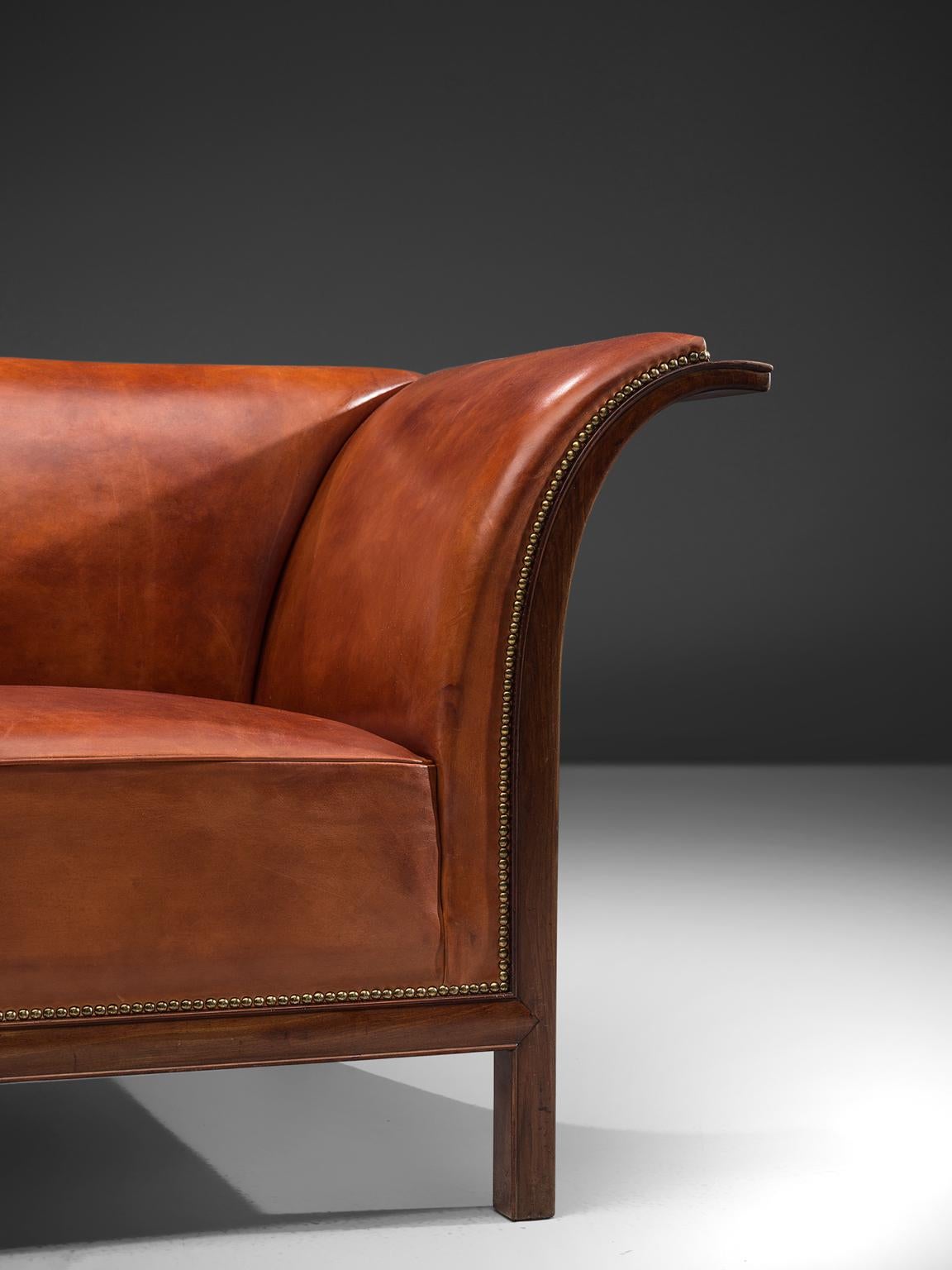 Mid-20th Century Frits Henningsen Sofa in Mahogany and Cognac Leather, circa 1930