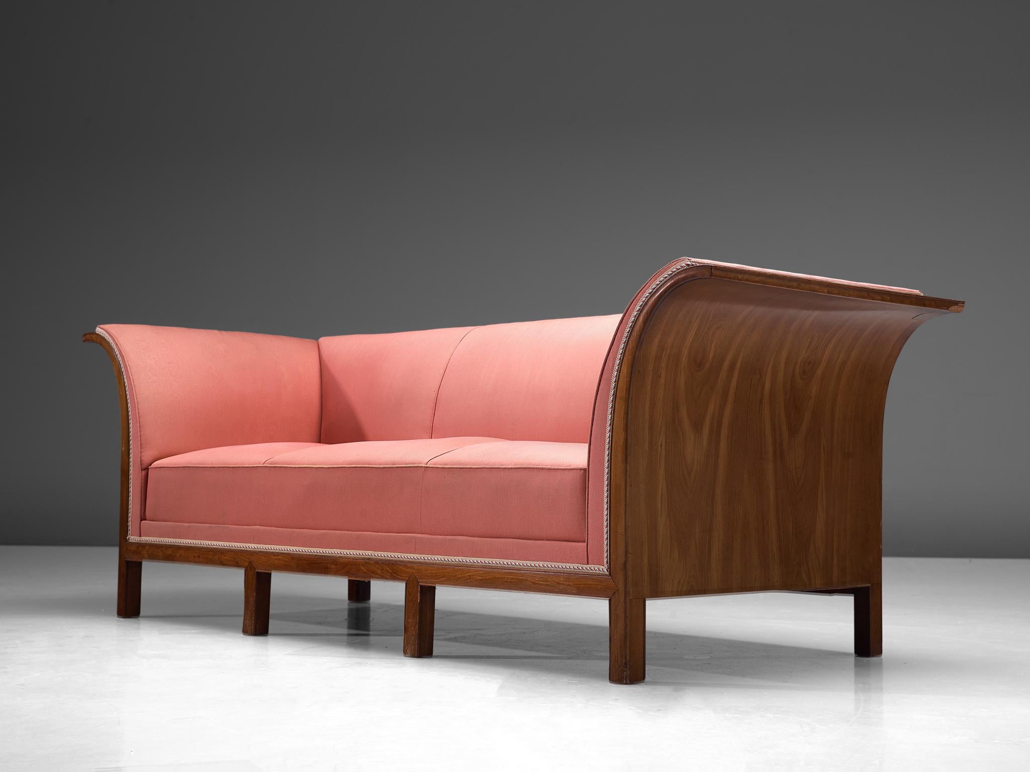 Scandinavian Modern Frits Henningsen Sofa in Mahogany and Pink Upholstery 