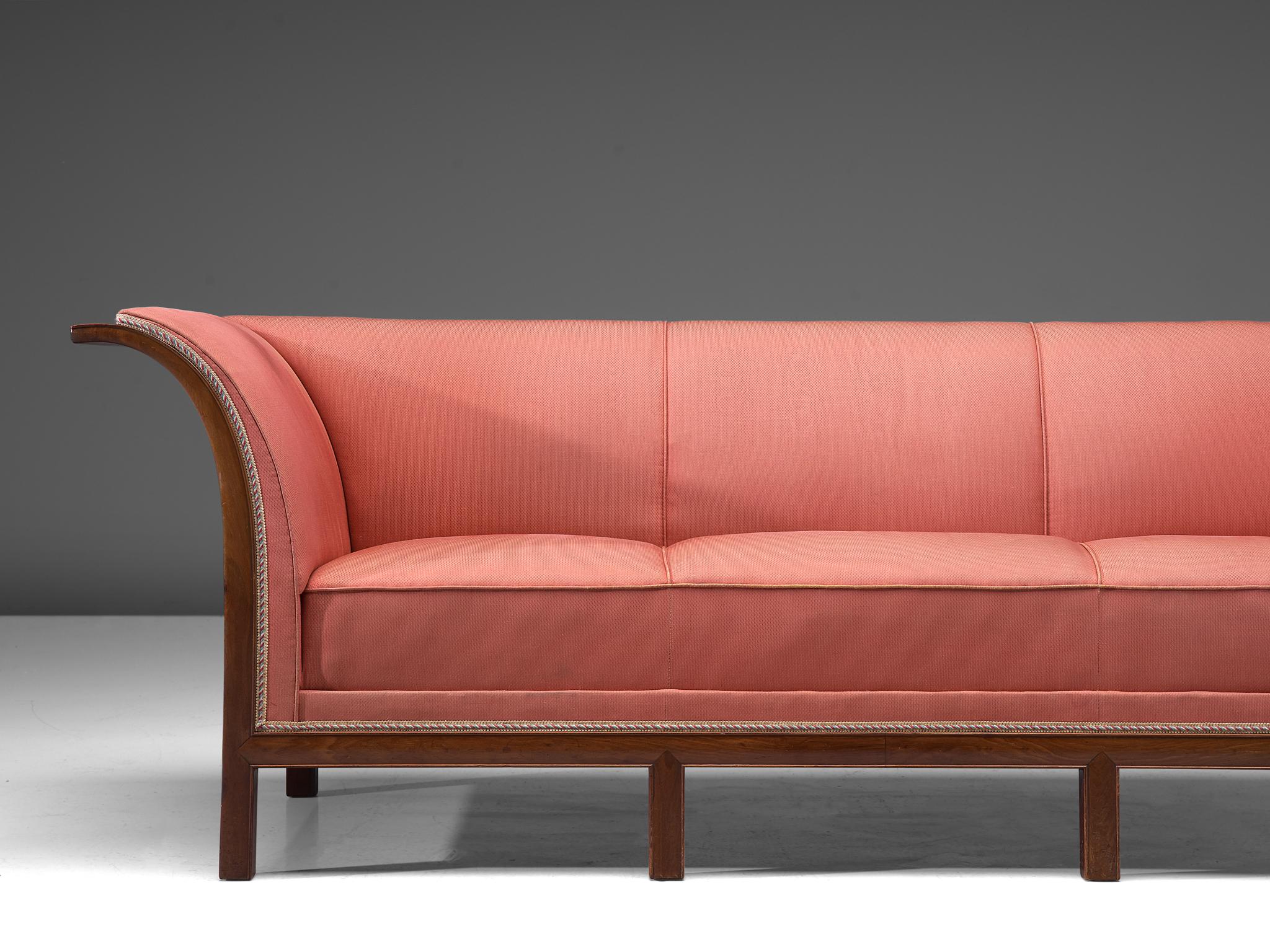 Scandinavian Modern Frits Henningsen Sofa in Mahogany and Pink Fabric
