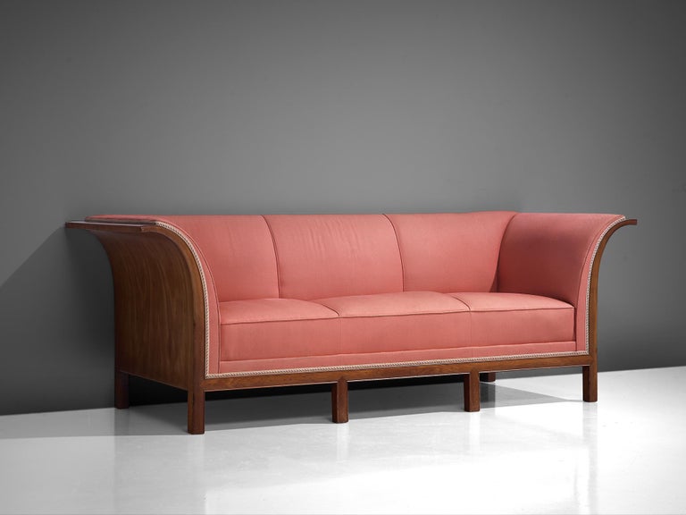 Mid-20th Century Frits Henningsen Sofa in Mahogany and Pink Fabric For Sale