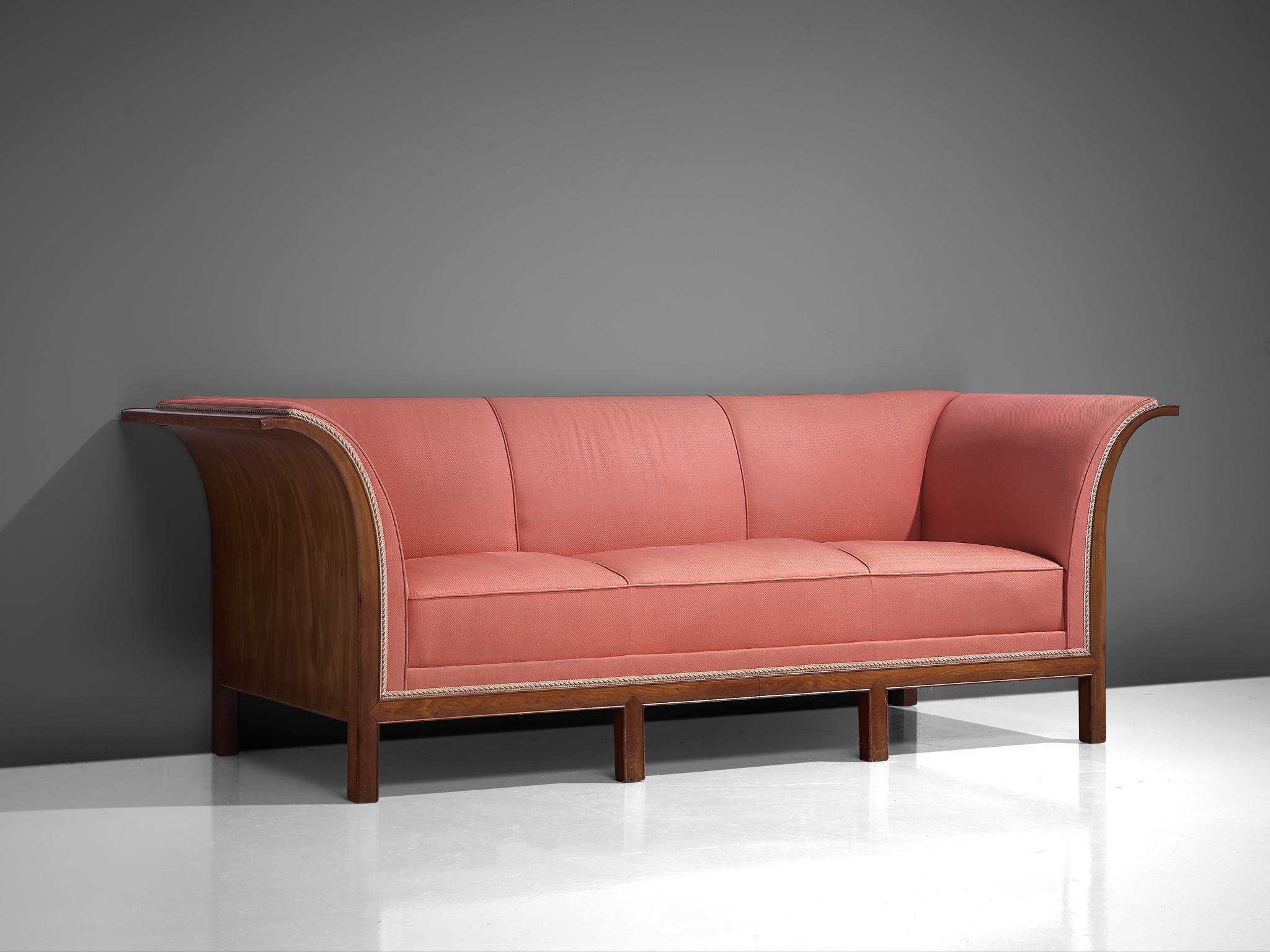 Fabric Frits Henningsen Sofa in Mahogany and Pink Upholstery For Sale