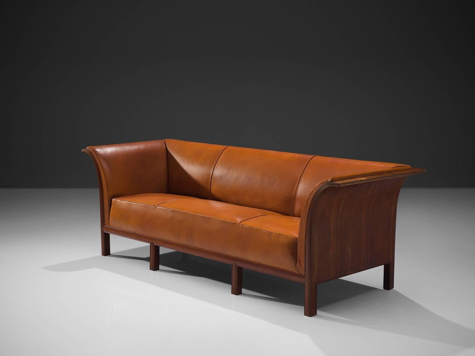 Mid-Century Modern Frits Henningsen Sofa in Teak and Cognac Leather, circa 1930