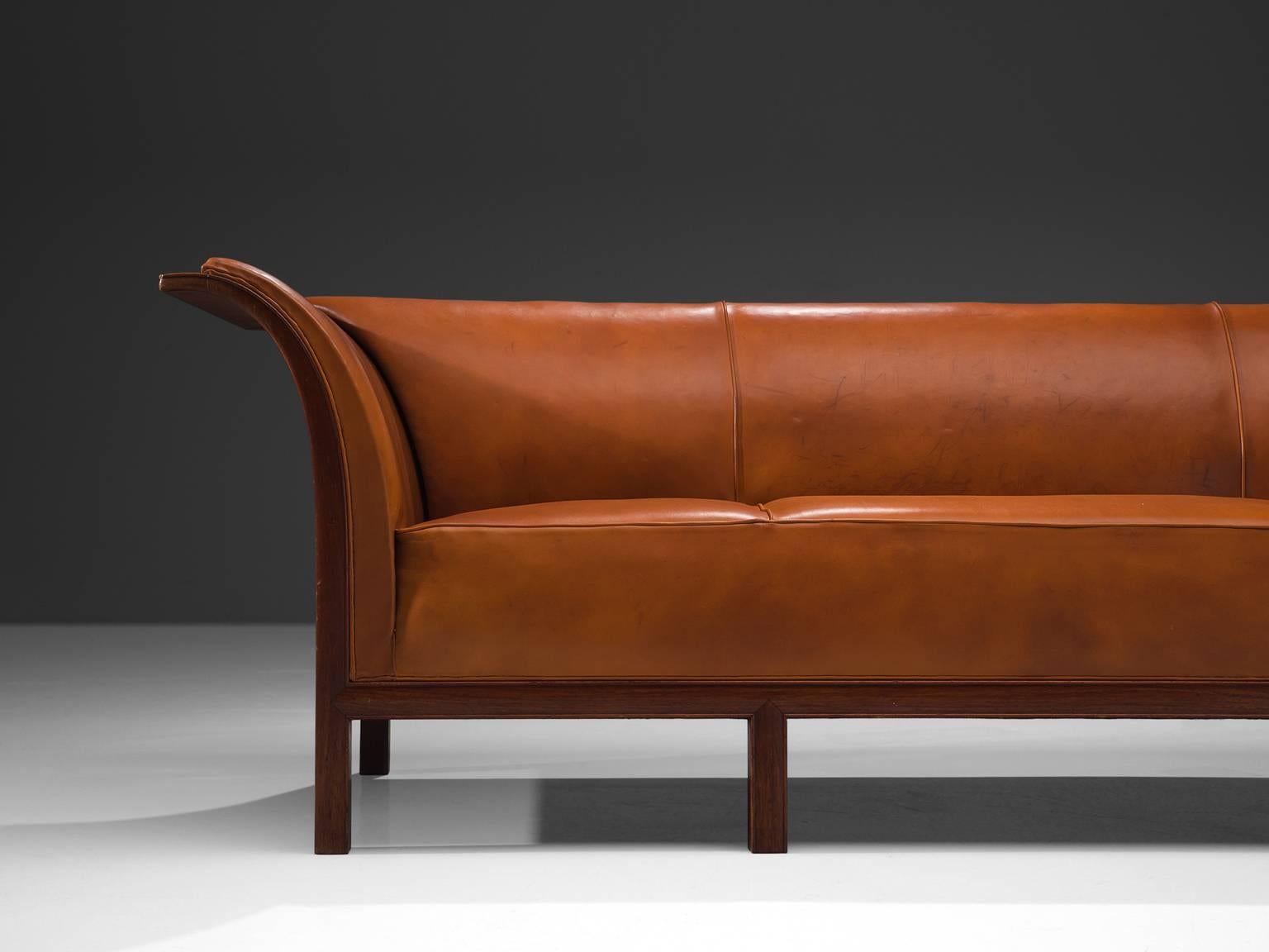 Danish Frits Henningsen Sofa in Teak and Cognac Leather, circa 1930