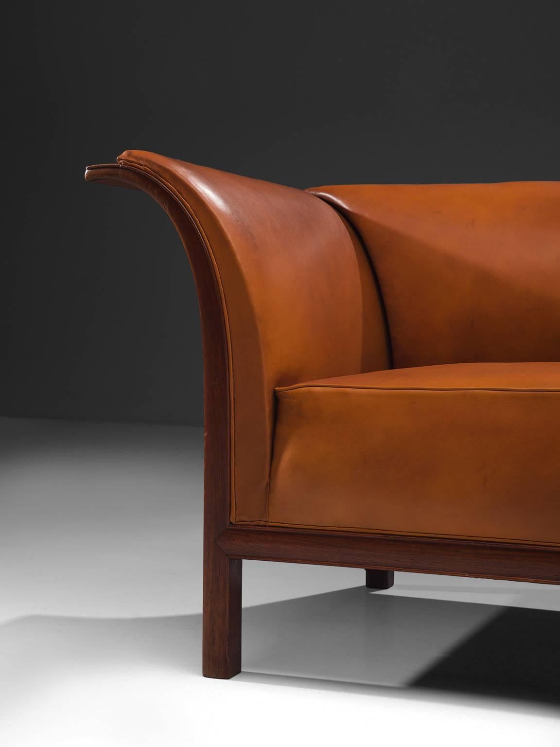 Patinated Frits Henningsen Sofa in Teak and Cognac Leather, circa 1930