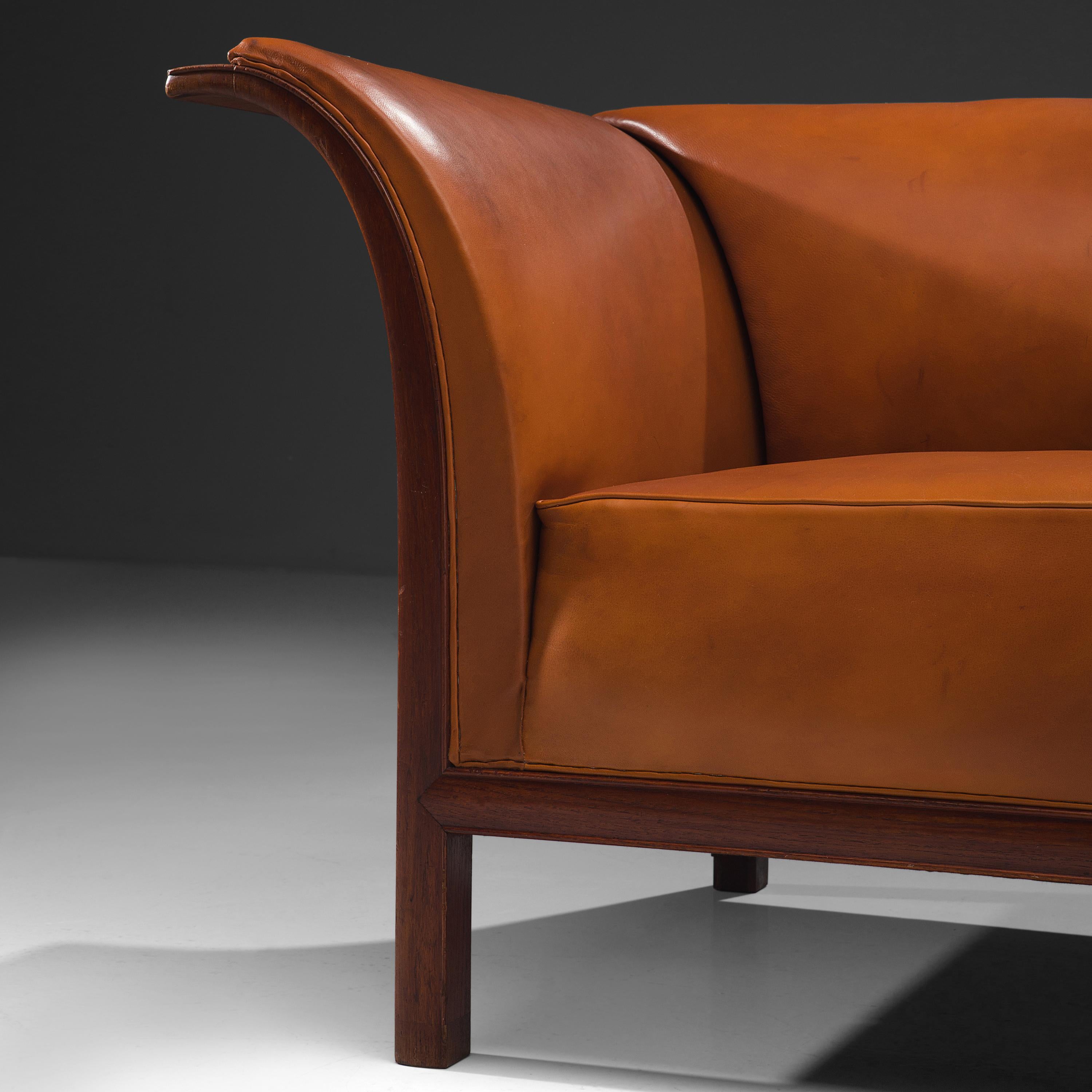 Frits Henningsen Sofa in Teak and Cognac Leather, circa 1930 In Good Condition In Waalwijk, NL