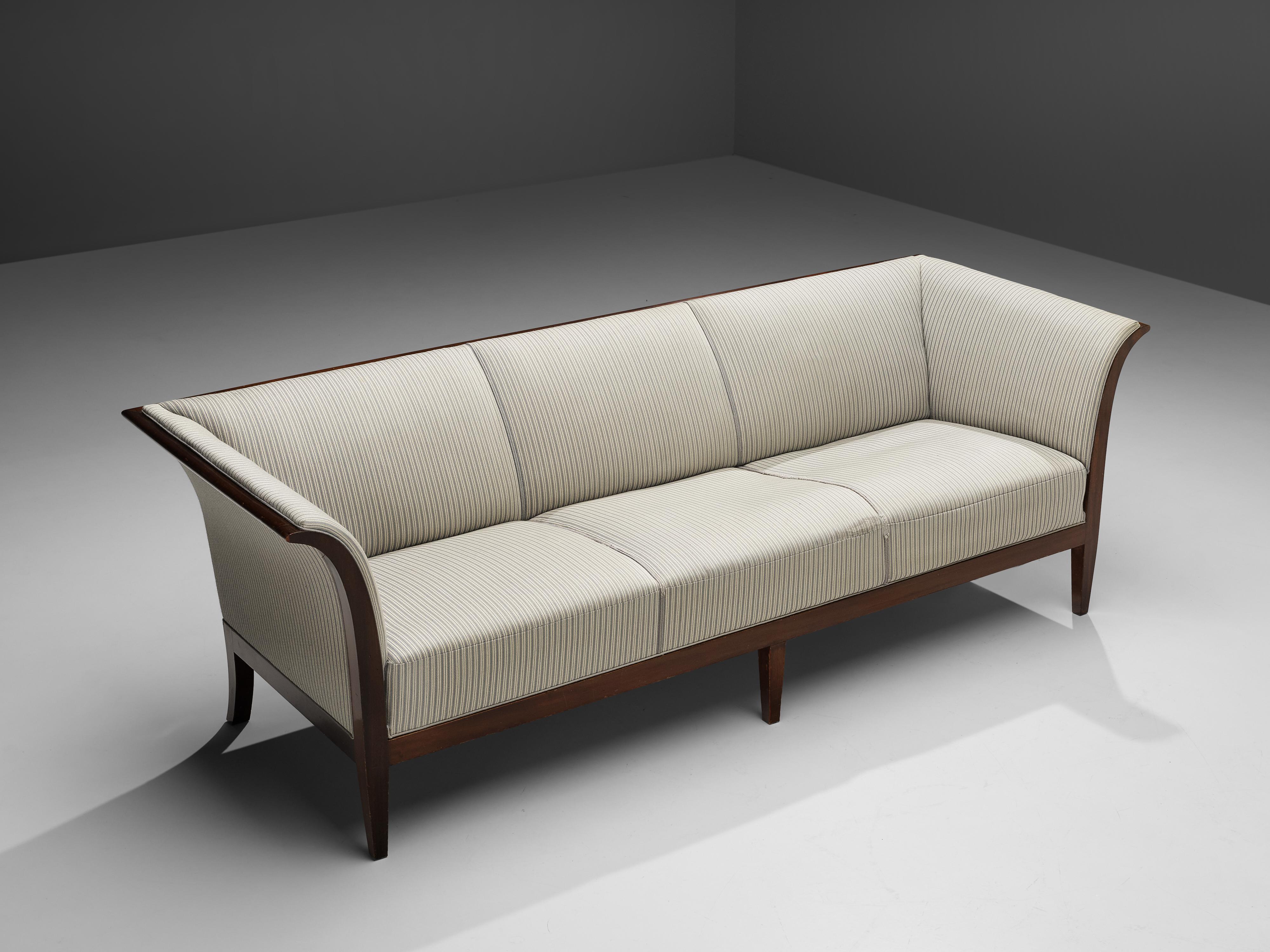 Frits Henningsen, sofa, wood, fabric upholstery, Denmark, 1930s.

This classic sofa was designed and produced by master cabinetmaker Frits Henningsen in the 1930s. The design is well-balanced, showing an interesting contrast between the straight