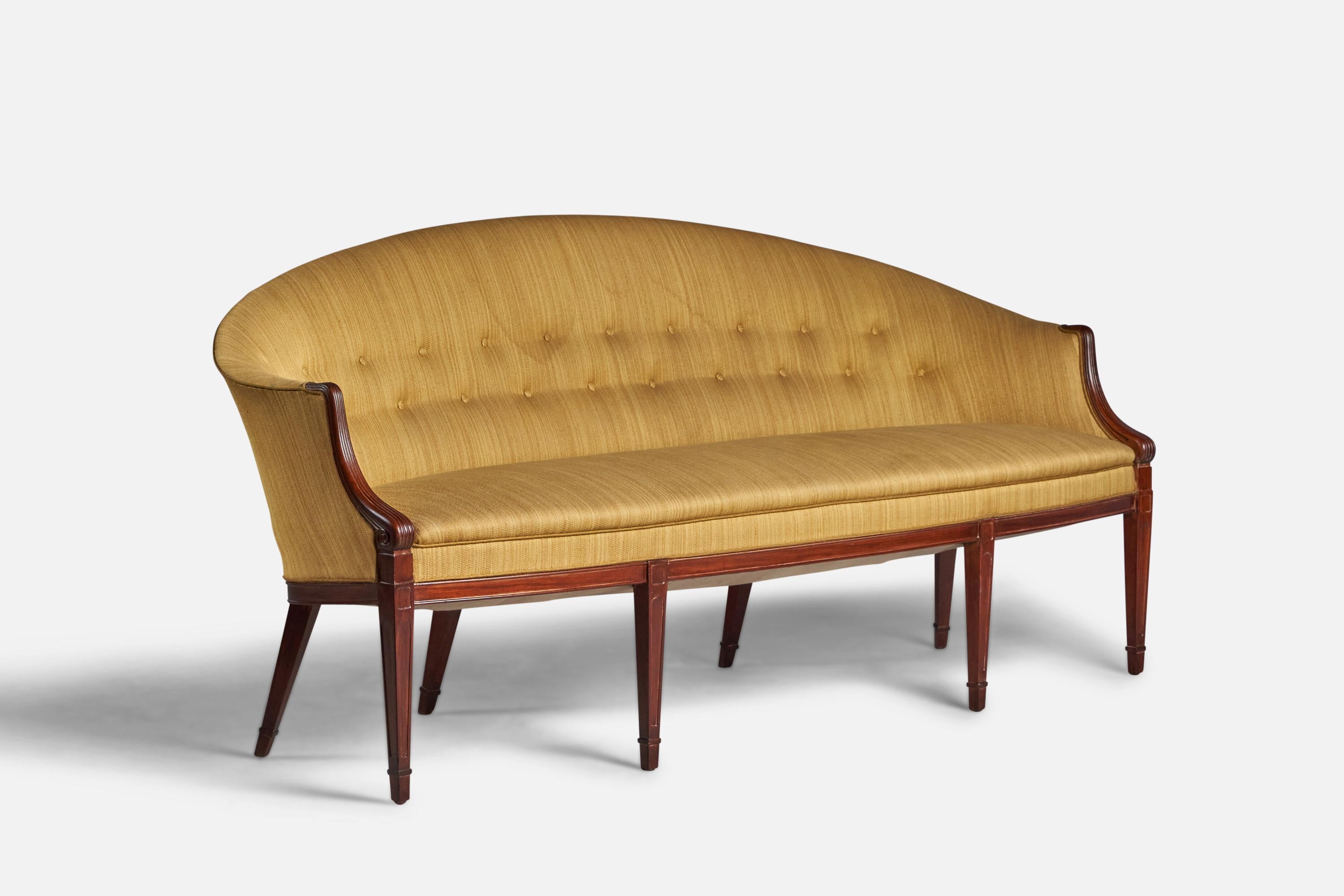 A stained mahogany and yellow horsehair fabric sofa or settee designed and produced by Frits Henningsen, Denmark, 1940s.

18” seat height

