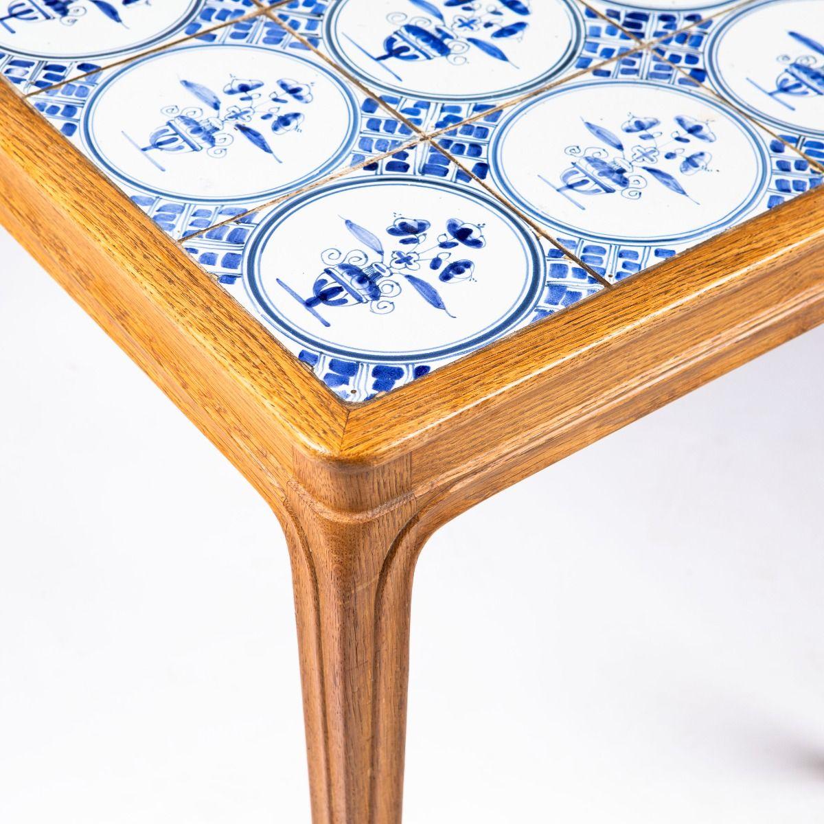 20th Century Frits Henningsen Sofa Side Table in Oak with Dutch Faience Tile Inlay For Sale