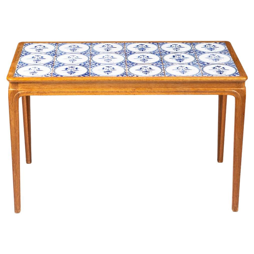 Frits Henningsen Sofa Side Table in Oak with Dutch Faience Tile Inlay For Sale