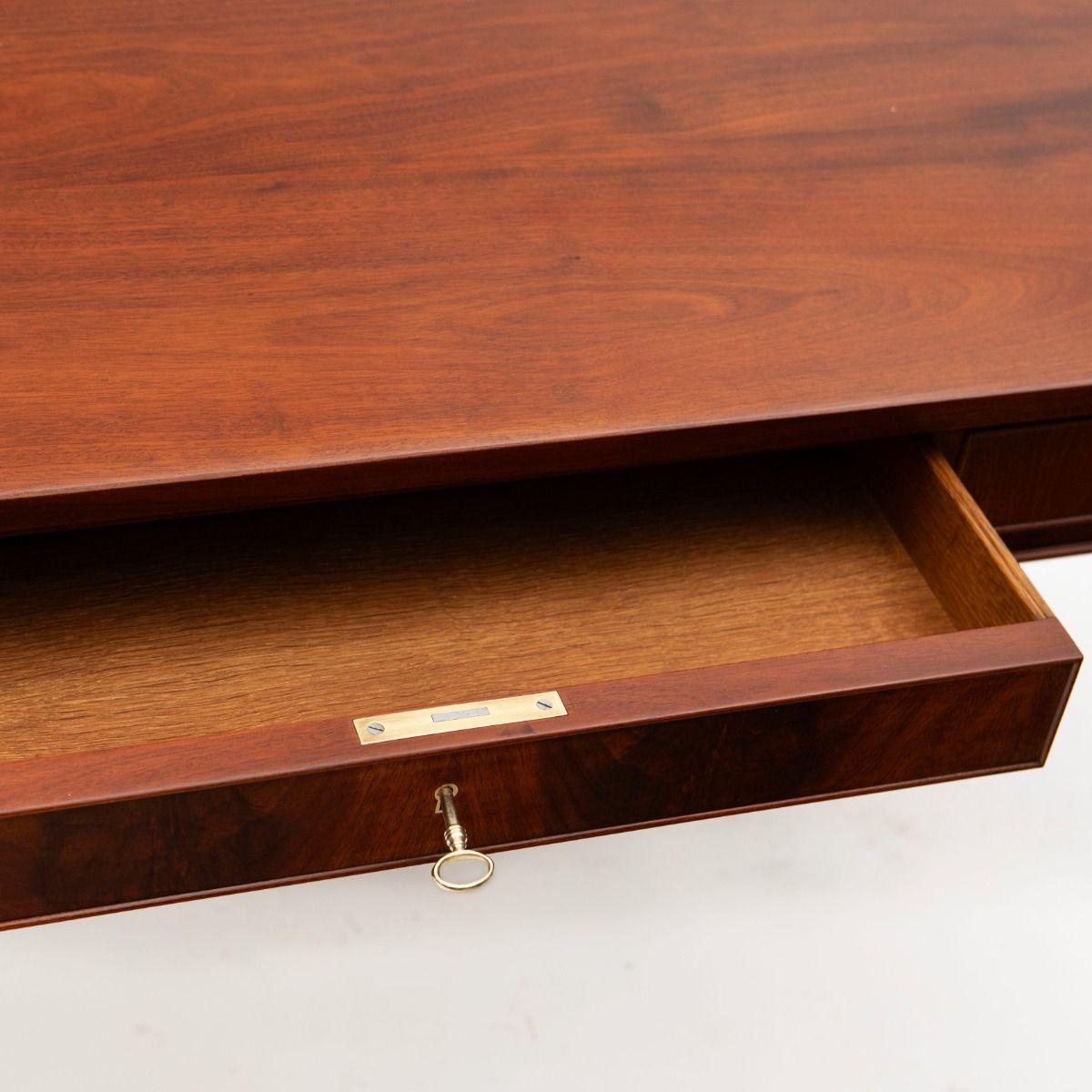 Brass Frits Henningsen Solid Mahogany Writing Table, Denmark 1940's