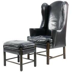 Used Frits Henningsen Style Leather Wingback Chair and Ottoman