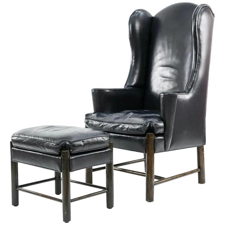 Frits Henningsen Style Leather Wingback Chair and Ottoman For Sale at