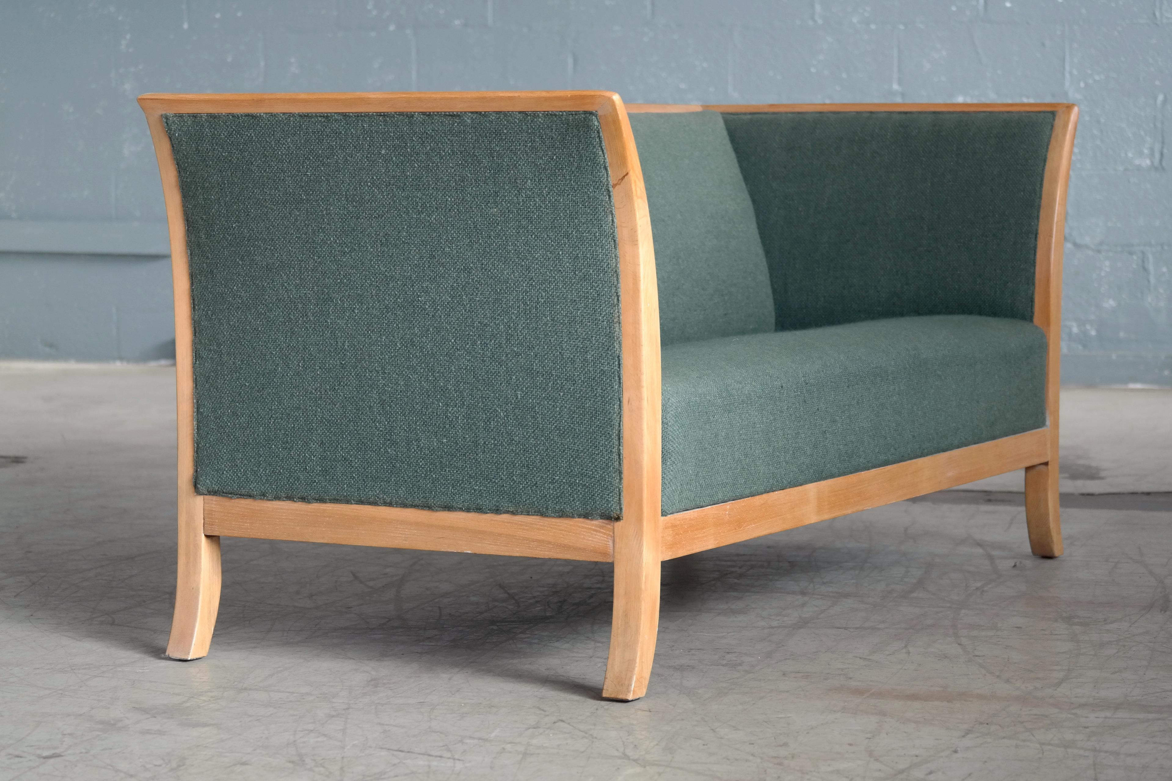 Wool Frits Henningsen Style Two-Seat Sofa in Oak by Søren Willadsen, Denmark, 1940s