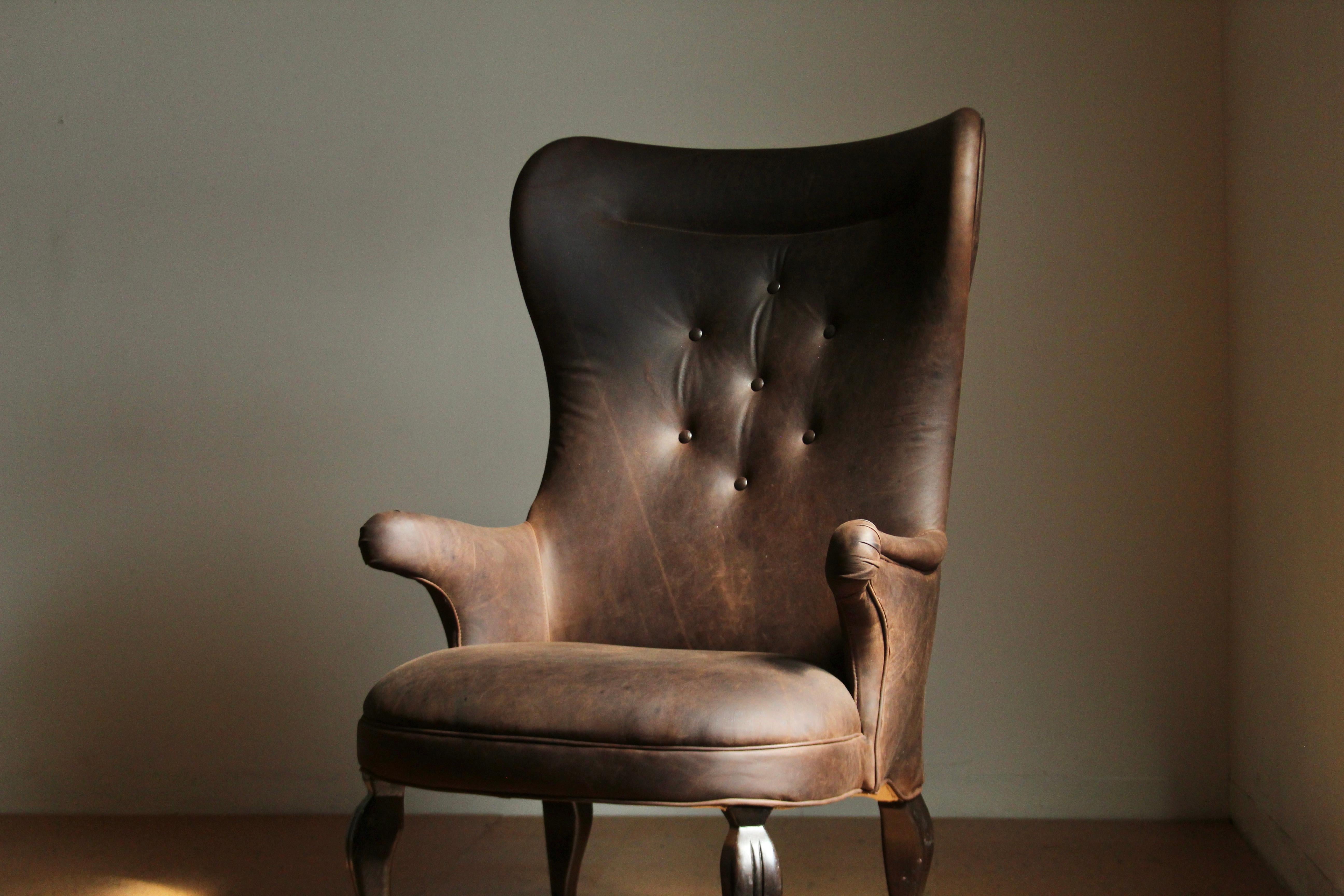 Scandinave moderne Chaise à dossier en cuir vintage de style Frits Henningsen en vente