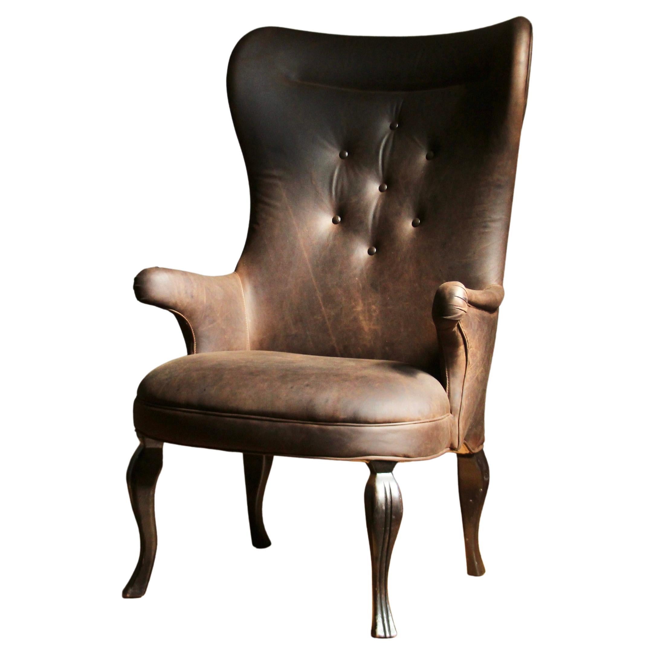 Frits Henningsen Style Vintage Leather Wingback Chair