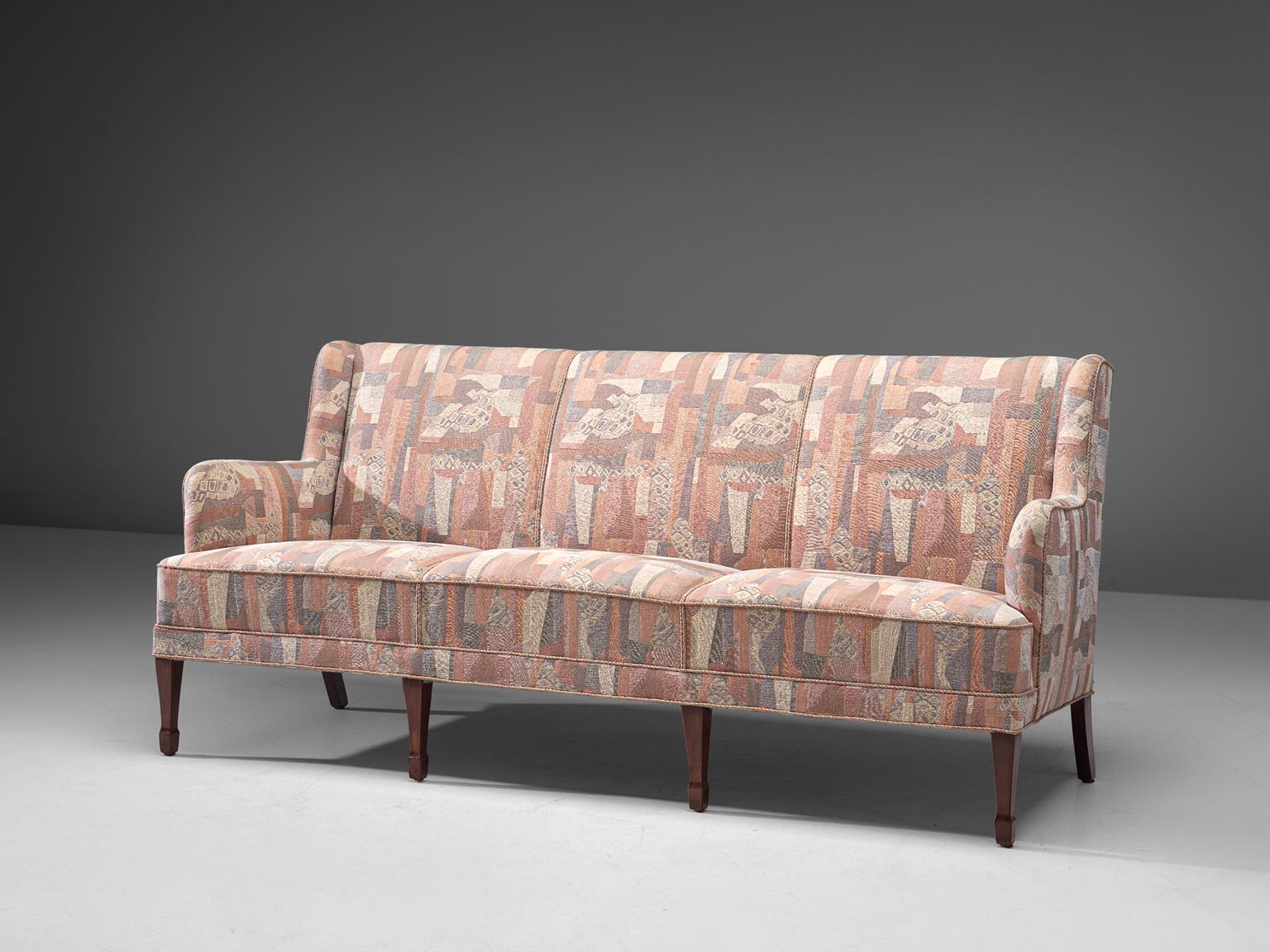 Scandinavian Modern Frits Henningsen Three-Seat Sofa in Pastel Upholstery