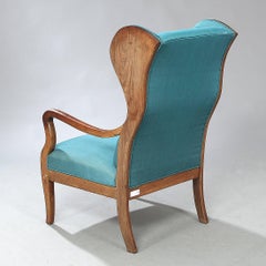 Frits Henningsen Wingback Armchair with Recent Turquoise Fabric, Denmark, 1940s