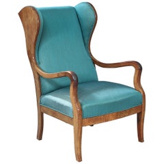 Frits Henningsen Wingback Armchair with Recent Turquoise Fabric, Denmark, 1940s