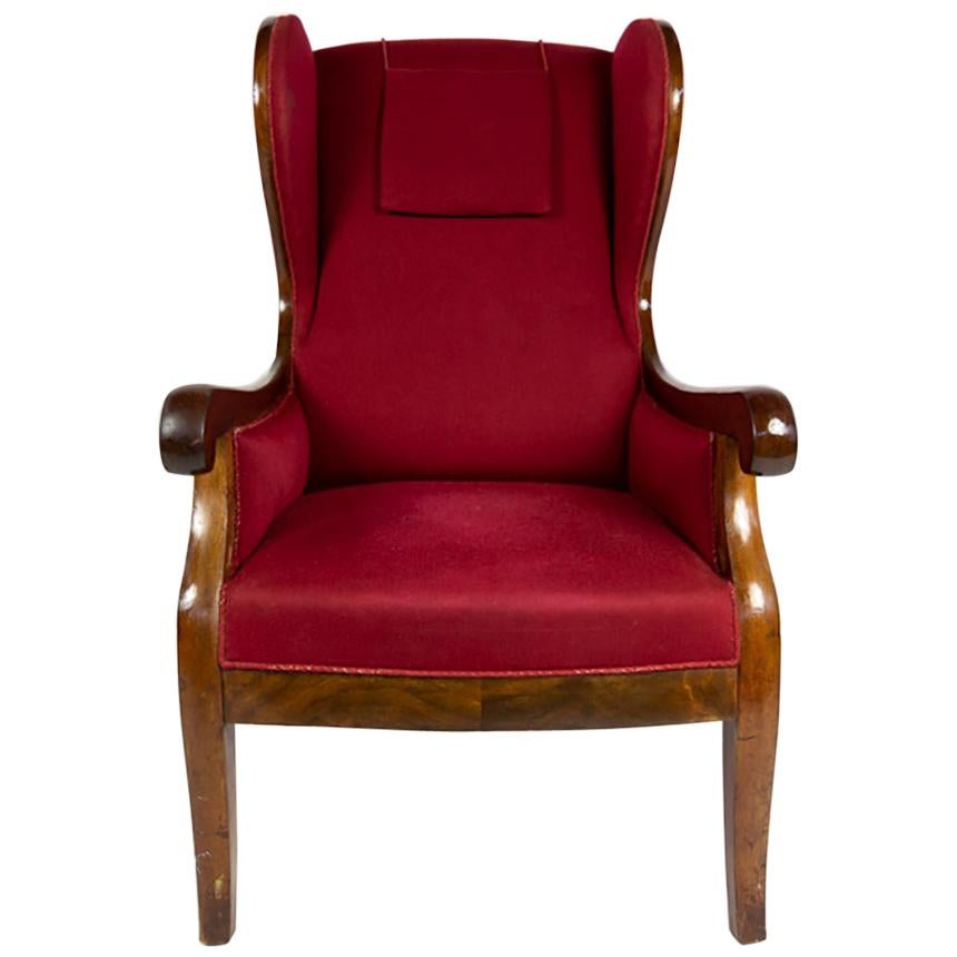 Frits Henningsen Wingback Armchair with Red Original Fabric, Denmark, 1940s For Sale